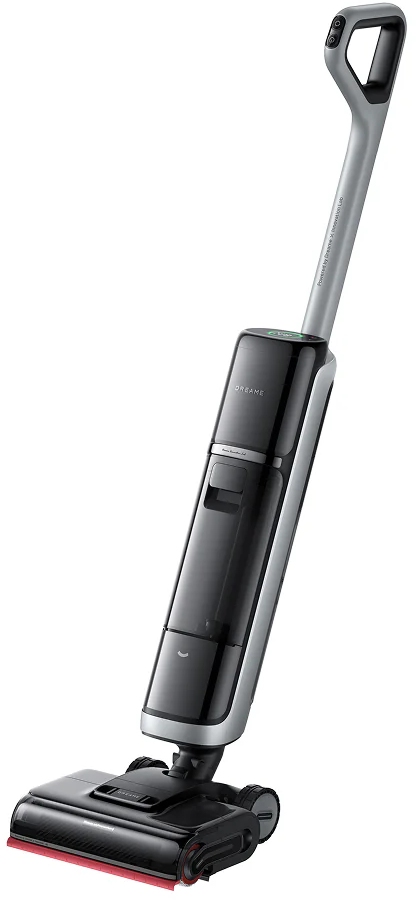 Ein schnurloser Staubsauger in Schwarz und Grau. Das Design ist schlank und modern, mit einem digitalen Display oben.