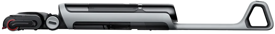 Seitenansicht eines kabellosen Staubsaugers, schwarz und silber. Bürstenkopf, Gehäuse und Griff sind sichtbar.