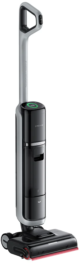 Ein schwarz-grauer Staubsauger, Digitalanzeige oben, zeigt einen Prozentsatz. Der Bürstenkopf ist sichtbar.