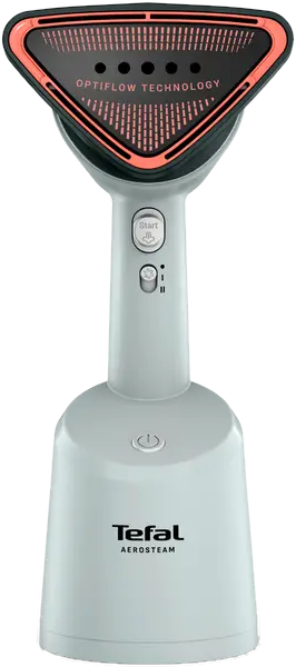 Il vaporizzatore Tefal è verde menta, con dettagli neri e rossi. Ha un pulsante di avvio e la tecnologia Optiflow.