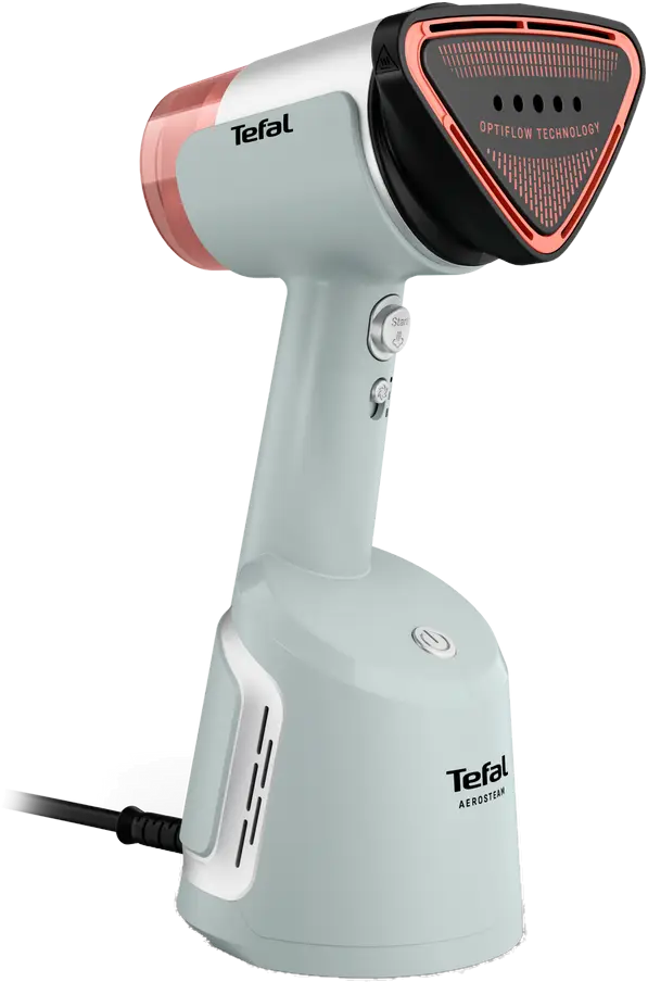 Il vaporizzatore Tefal è verde menta con dettagli neri e rossi. La testa ha tecnologia Optiflow e pulsante Start.