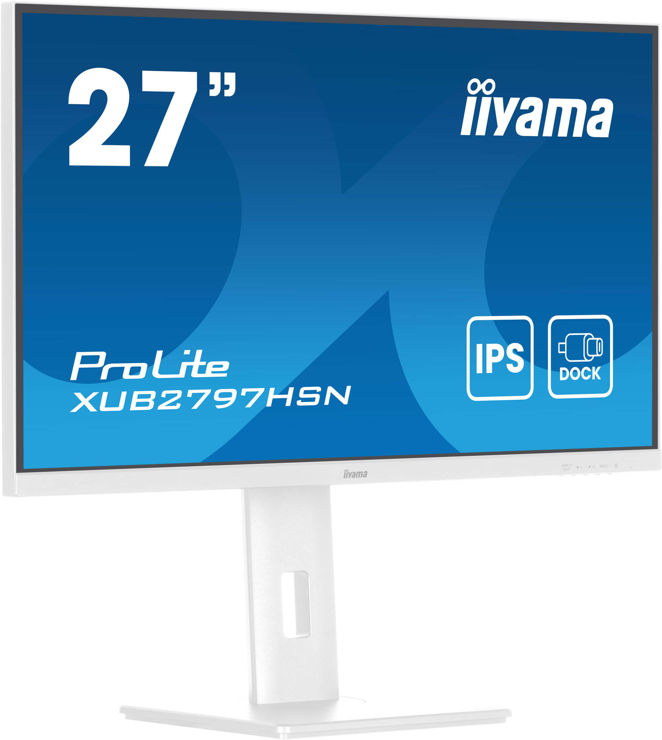 Ein weißer 27" iiyama ProLite XUB2797HSN Monitor. Der Bildschirm zeigt einen weißen Hintergrund.