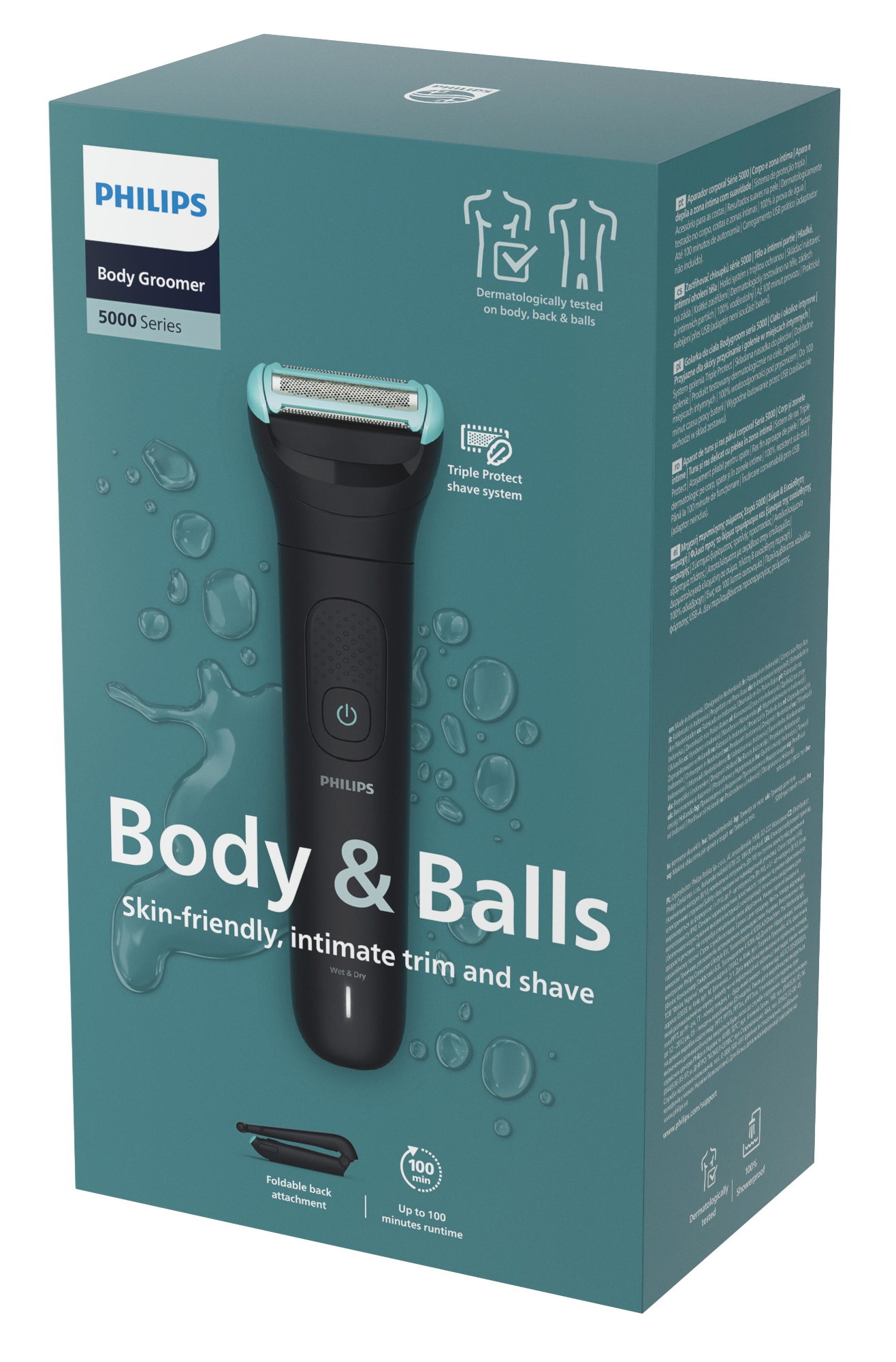 A Philips Body & Balls nyíró dobozának nézete, a termékkel.