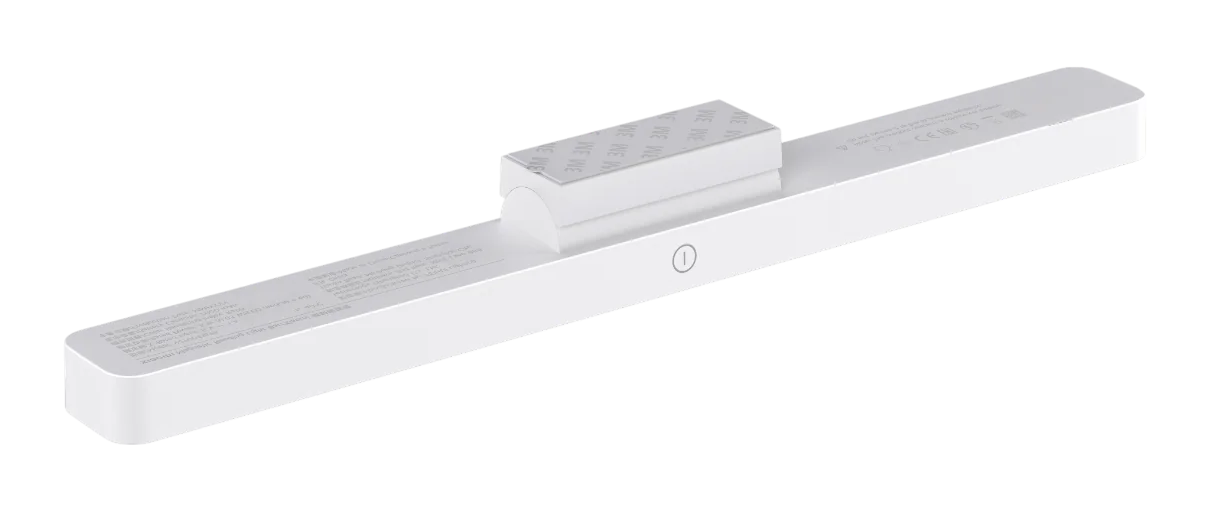 Biały, prostokątny pasek świetlny z białą podkładką samoprzylepną i przyciskiem zasilania.