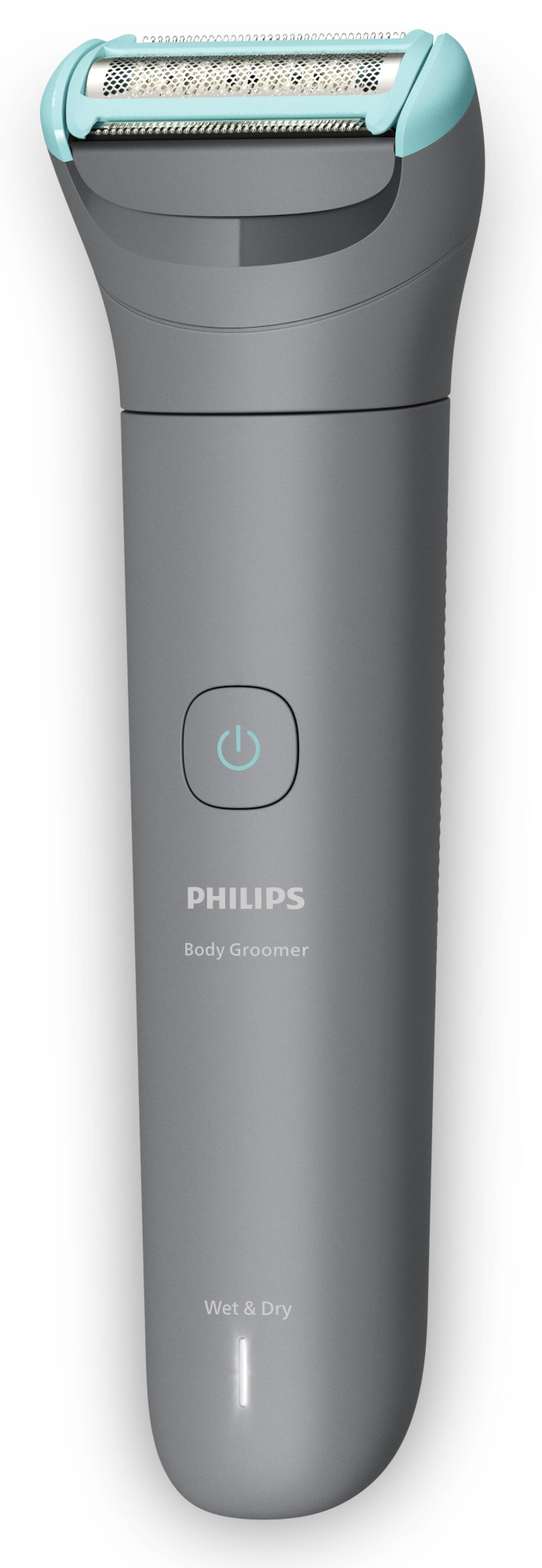 Philips Body Groomer, szürke, kék tetővel, bekapcsoló gombbal.