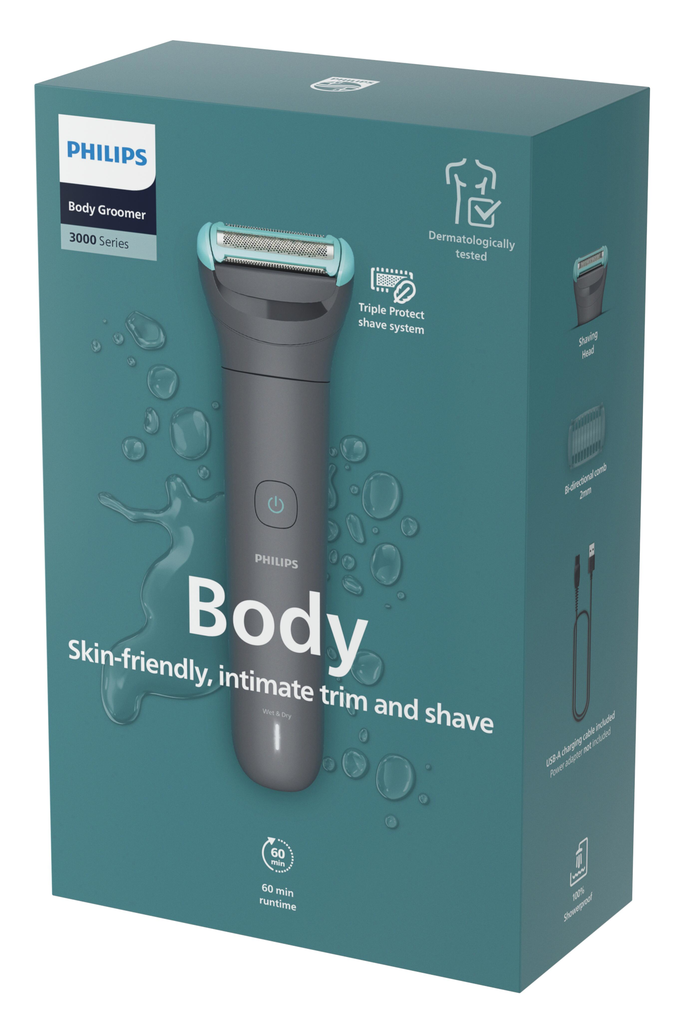 Philips Body Groomer doboz. A borotvát, a funkciókat és az USB töltőkábelt mutatja.