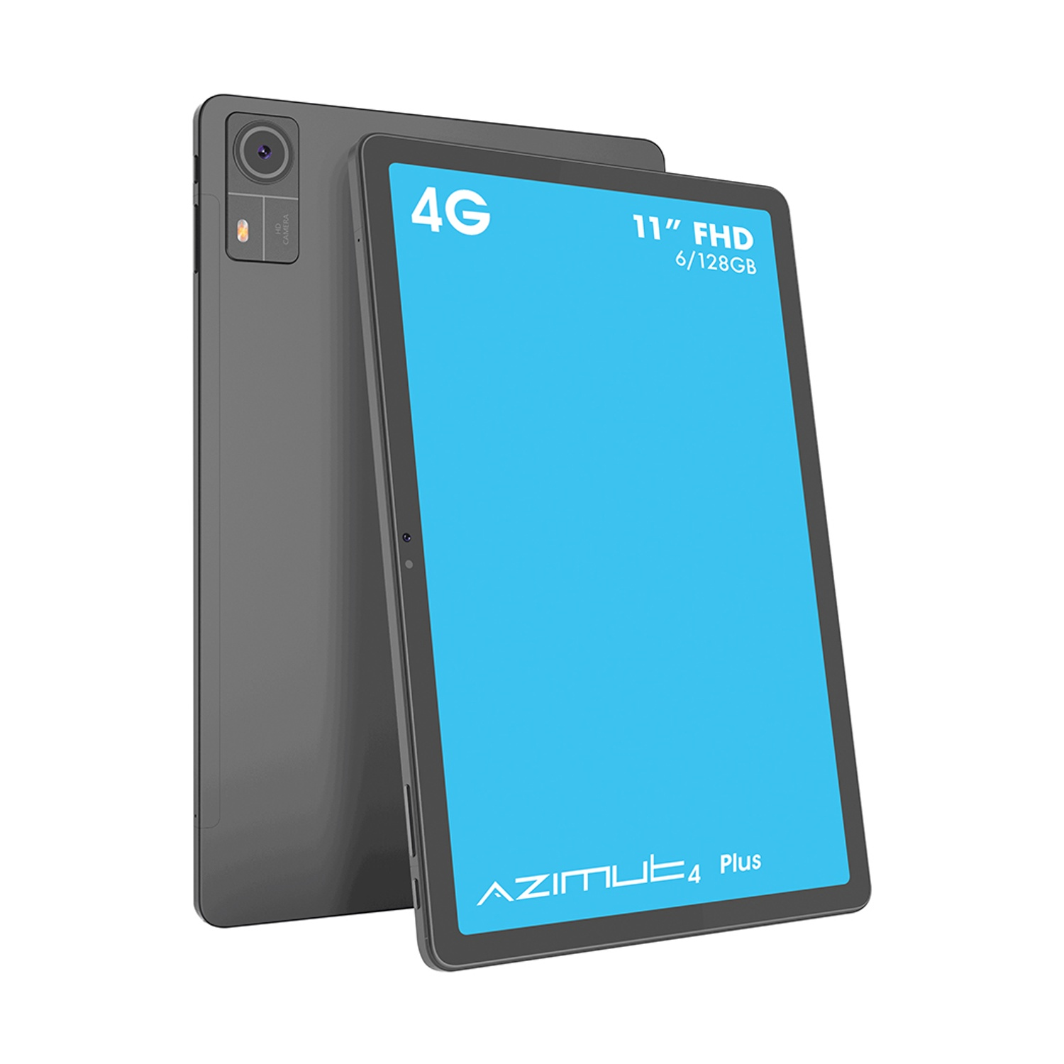 Tablet grigio con schermo blu, testo '4G' e '11" FHD'. Un altro tablet sullo sfondo.