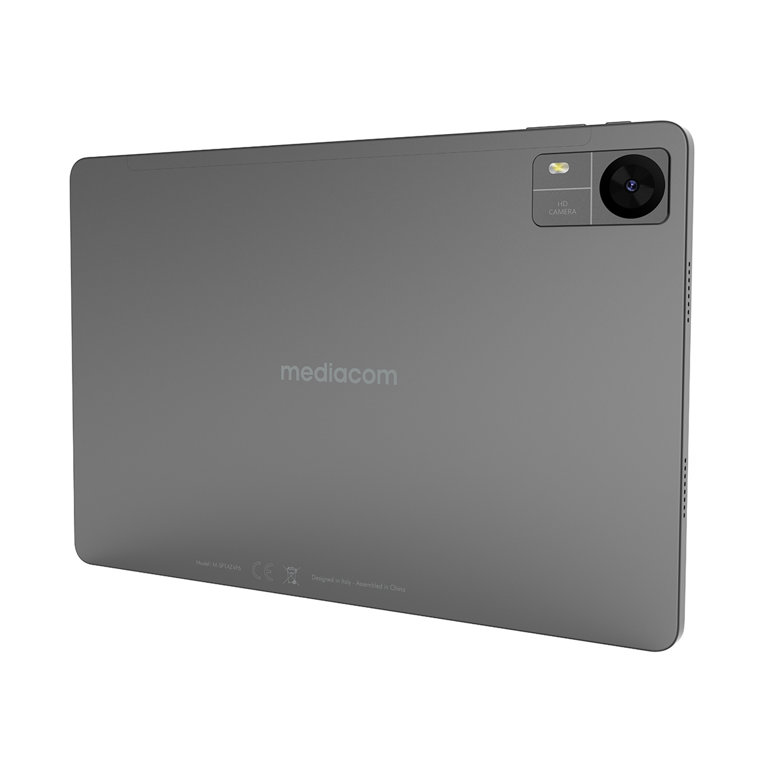 Vista posteriore del tablet grigio. Fotocamera HD e logo Mediacom visibili.