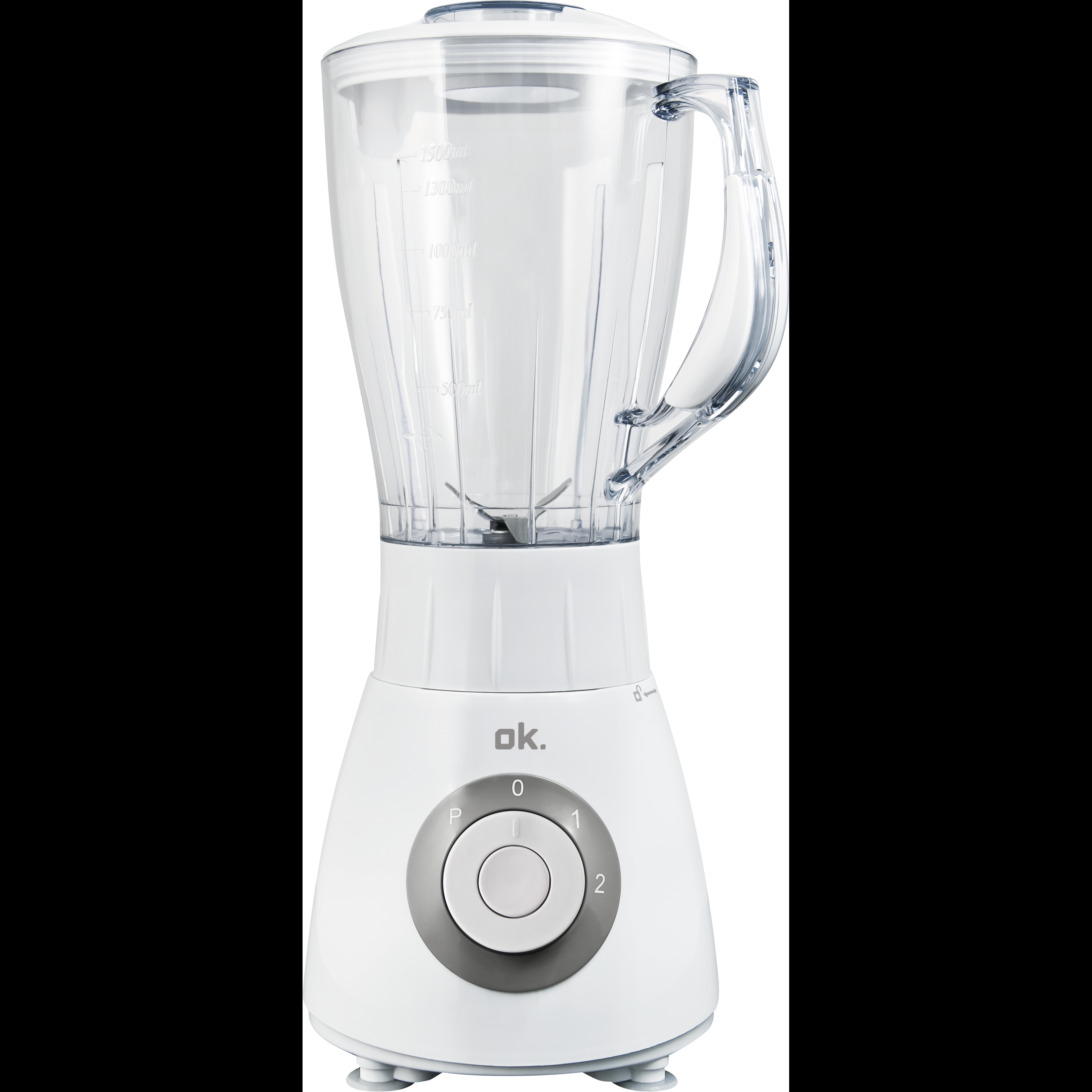 Biały blender z przezroczystym dzbanem i pokrętłem sterowania.