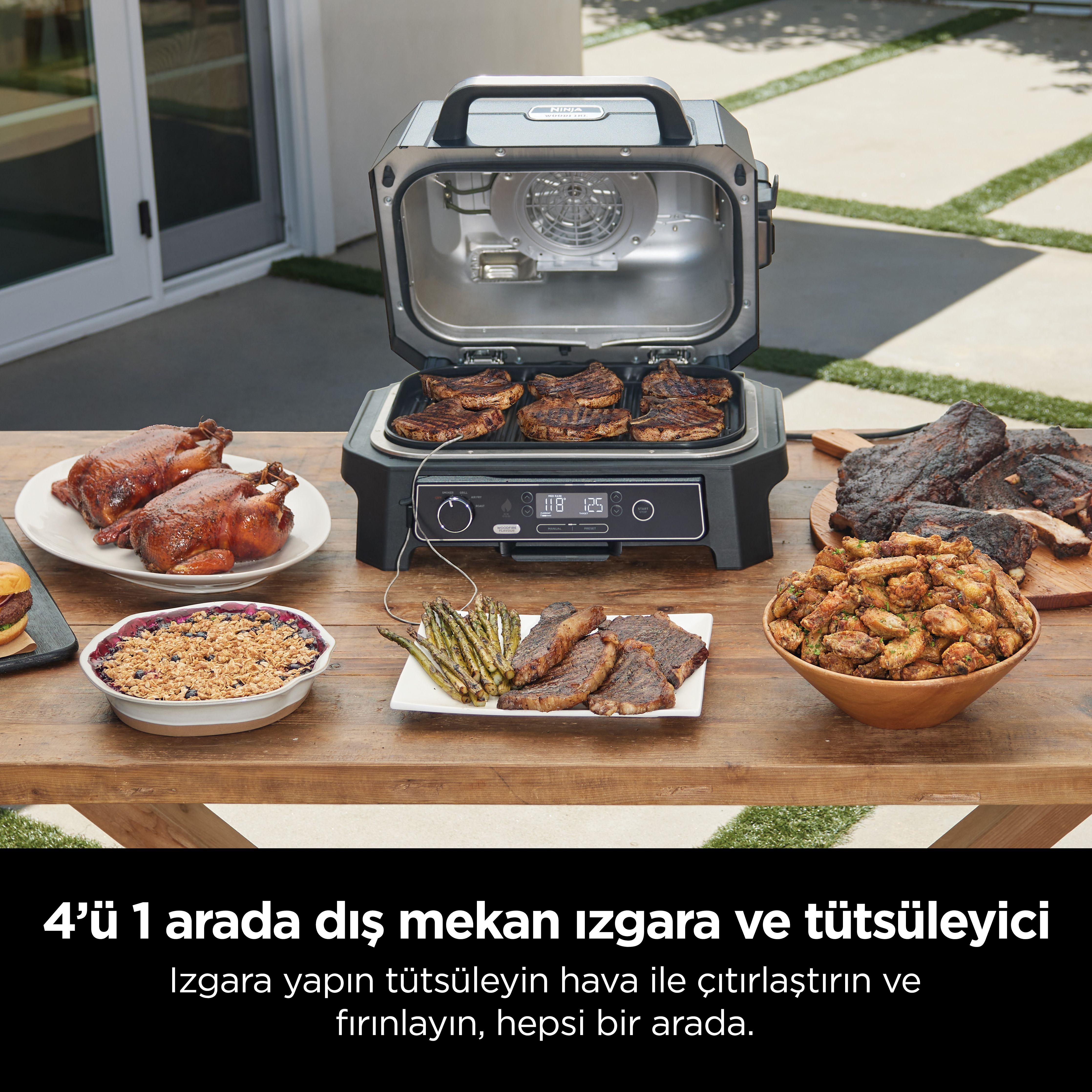 Ninja ızgara, masada çeşitli yiyecekler, Türkçe metin.