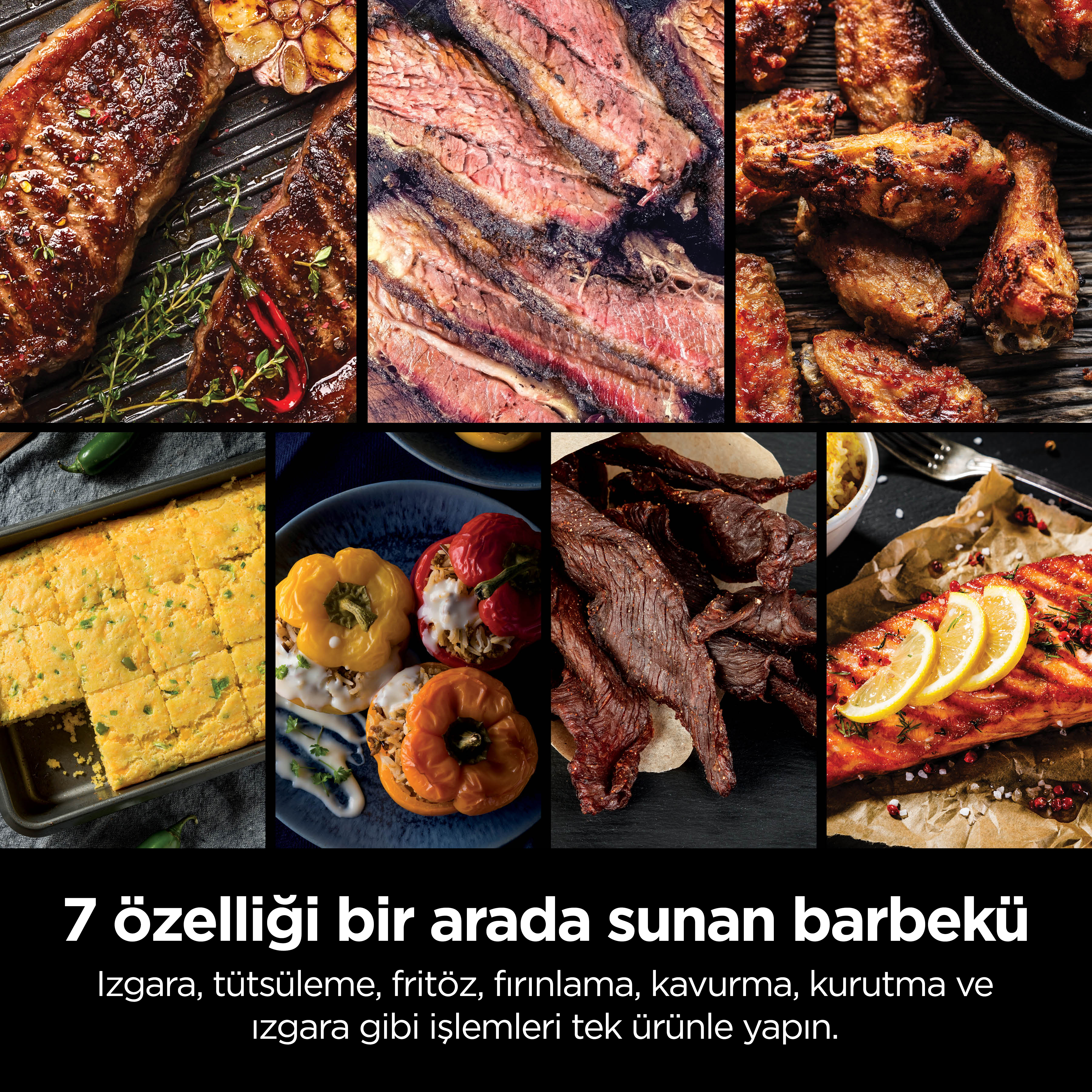 Pişmiş gıdaların kolajı: biftek, kaburga, tavuk, mısır ekmeği, biber, dana sarsıntısı ve somon. Metin: 7 özellik.