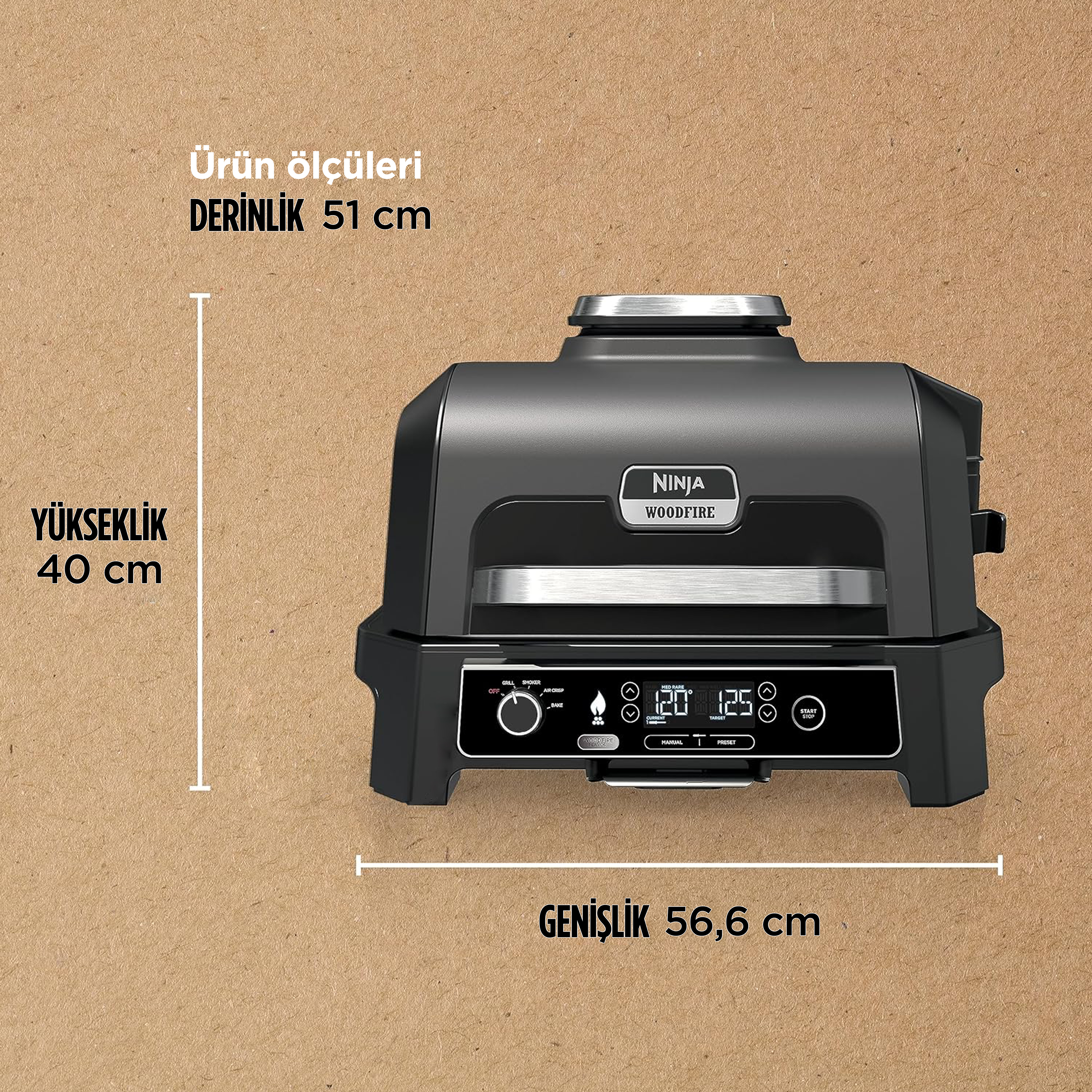 Ninja Woodfire ızgarası. Boyutlar: 56,6 cm genişlik, 40 cm yükseklik, 51 cm derinlik. Metin: Ürün boyutları.