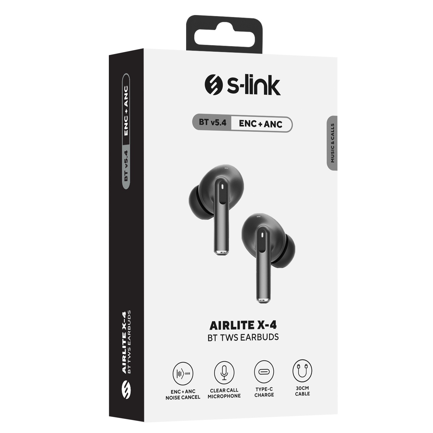 Kulaklıklar bir kutuda. Kutuda kulaklıkların resmi ve s-link logosu var.