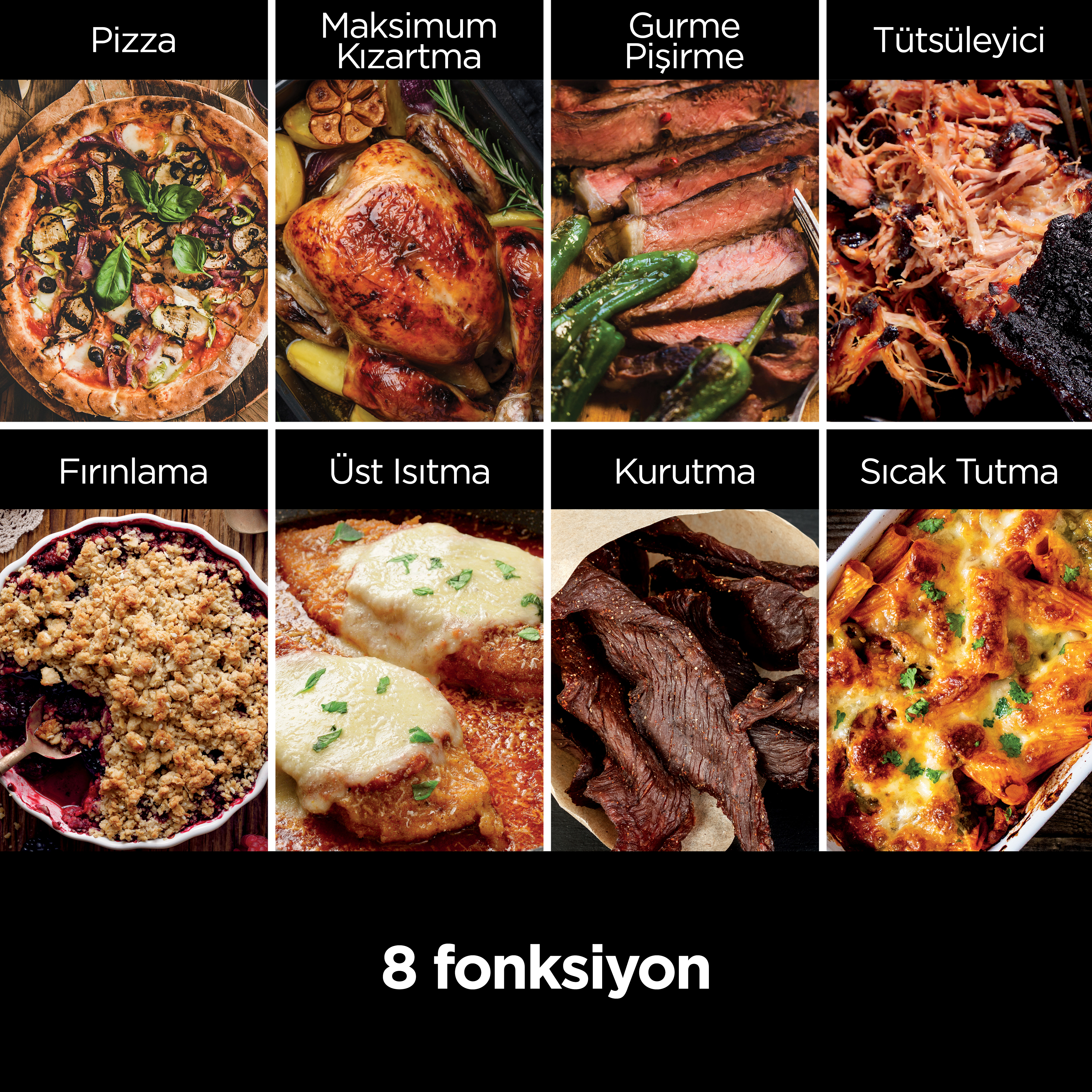 8 işlevin kolajı: Pizza, maksimum kızartma, gurme pişirme, tütsüleme, fırınlama, üst ısı, kurutma ve sıcak tutma. Metin: 8 işlev.