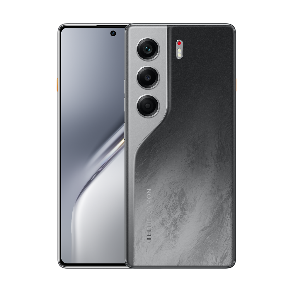 Solda ekran, sağda gümüş arka ve üç kamerası olan bir telefon.