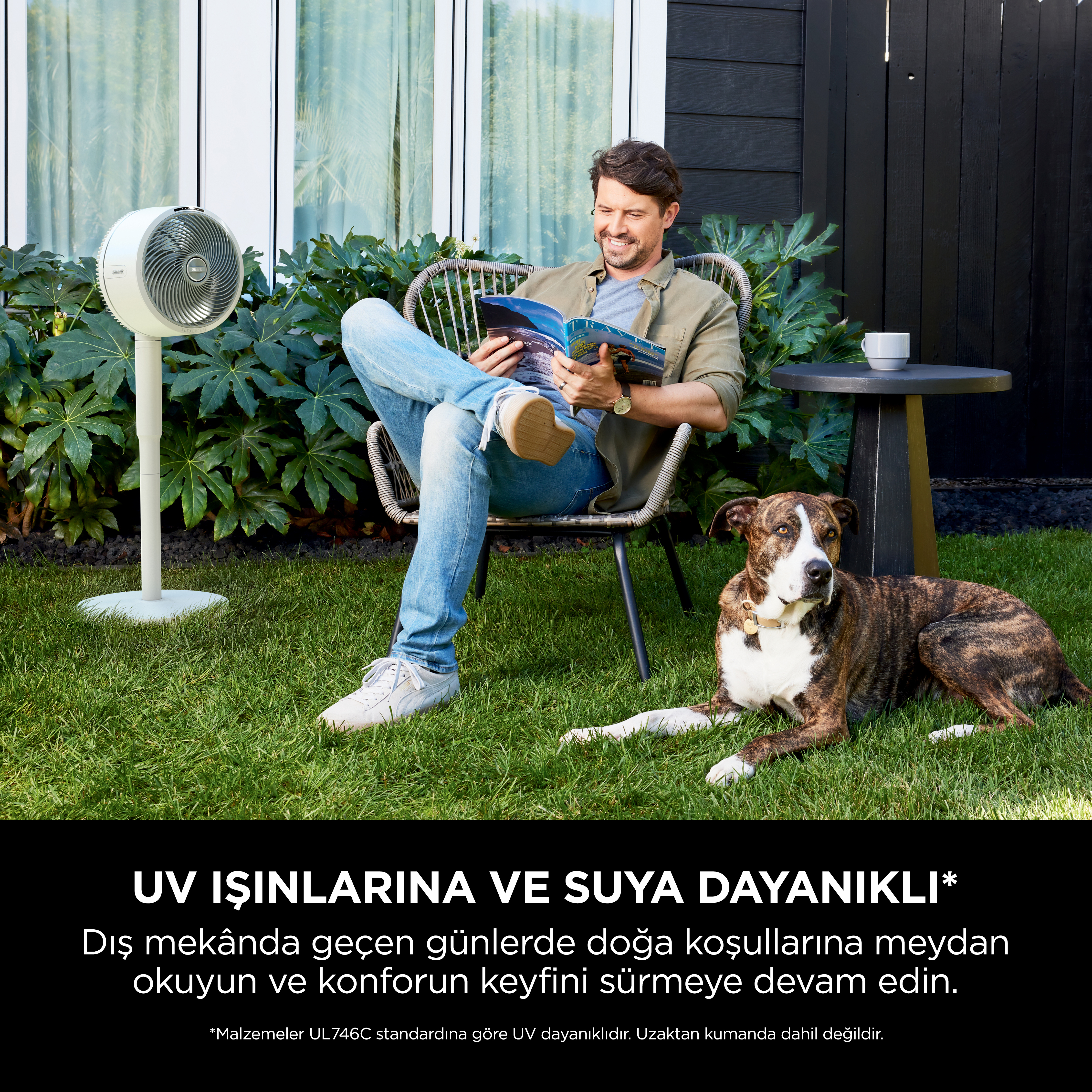 Adam dergi okuyor, köpek bir vantilatörün yanında çimlerde yatıyor. Yanında bir masa var.