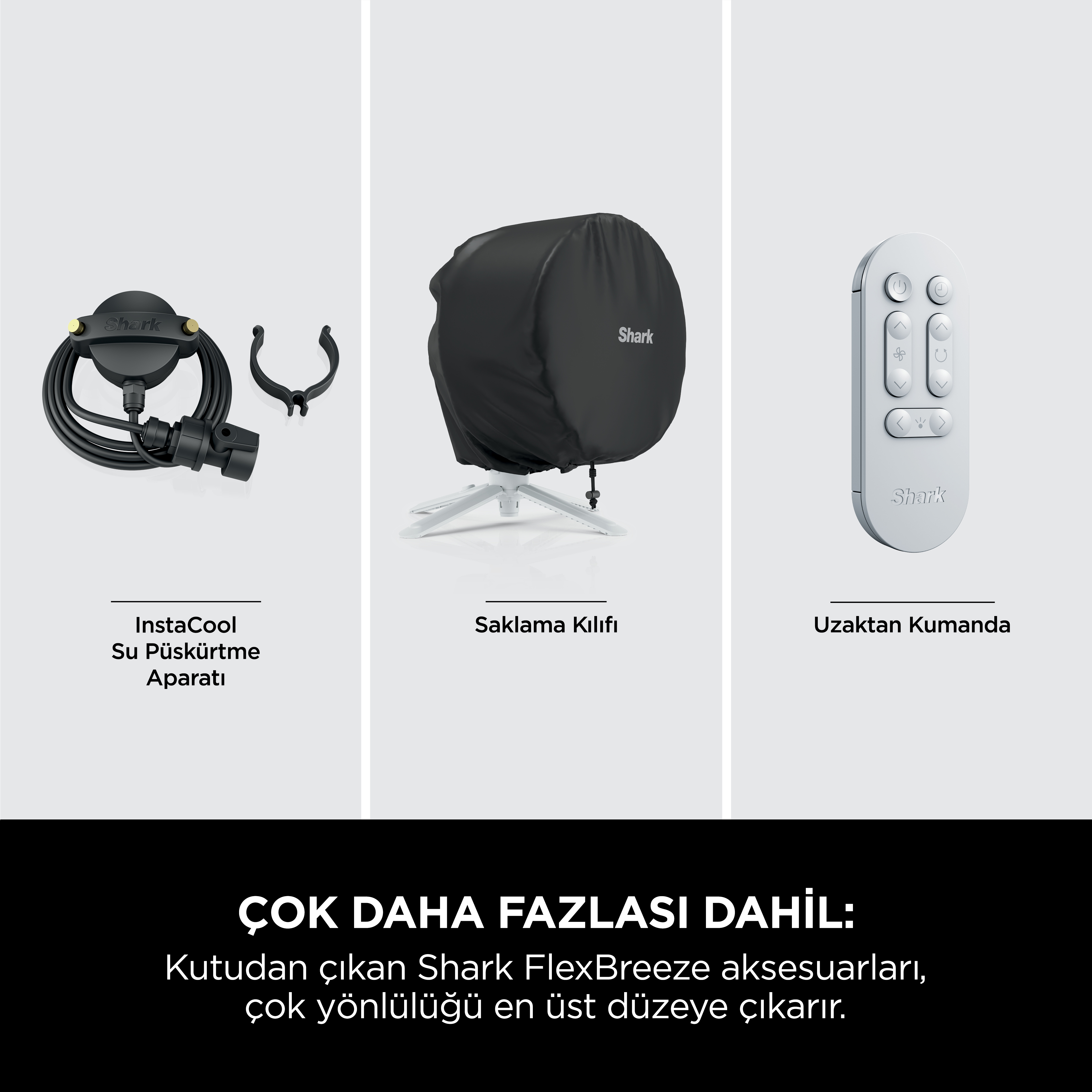 Üç aksesuar: InstaCool püskürtücü, saklama kılıfı ve uzaktan kumanda, hepsi Türkçe etiketli.