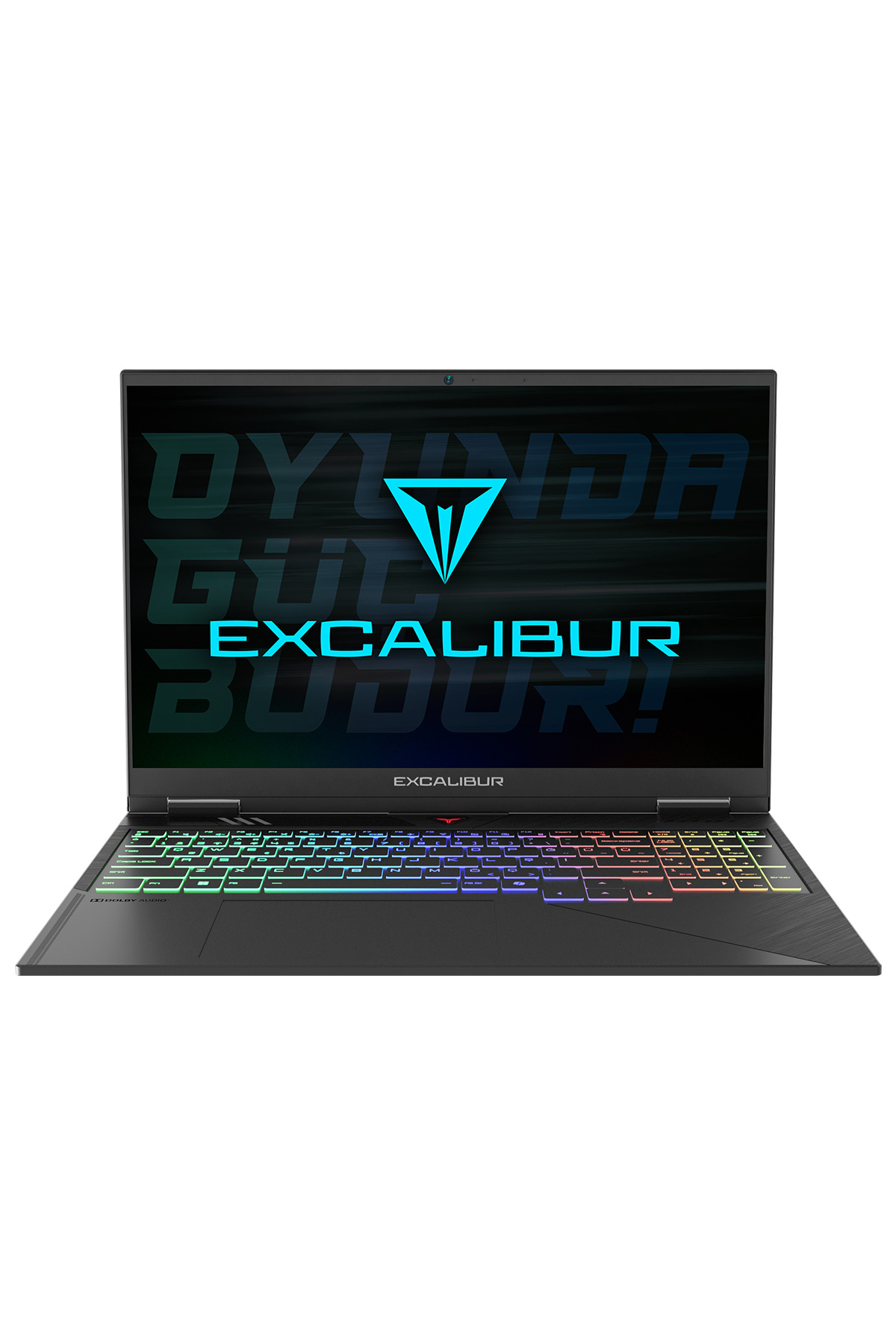 Siyah dizüstü bilgisayar. Renkli ışıklı aydınlatmalı klavye. Ekranında Excalibur logosu.