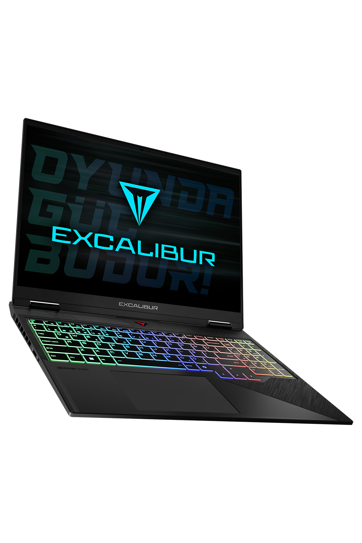 Siyah dizüstü. Aydınlatmalı klavye. Ekrandaki Excalibur logosu. Açılı görünüm.