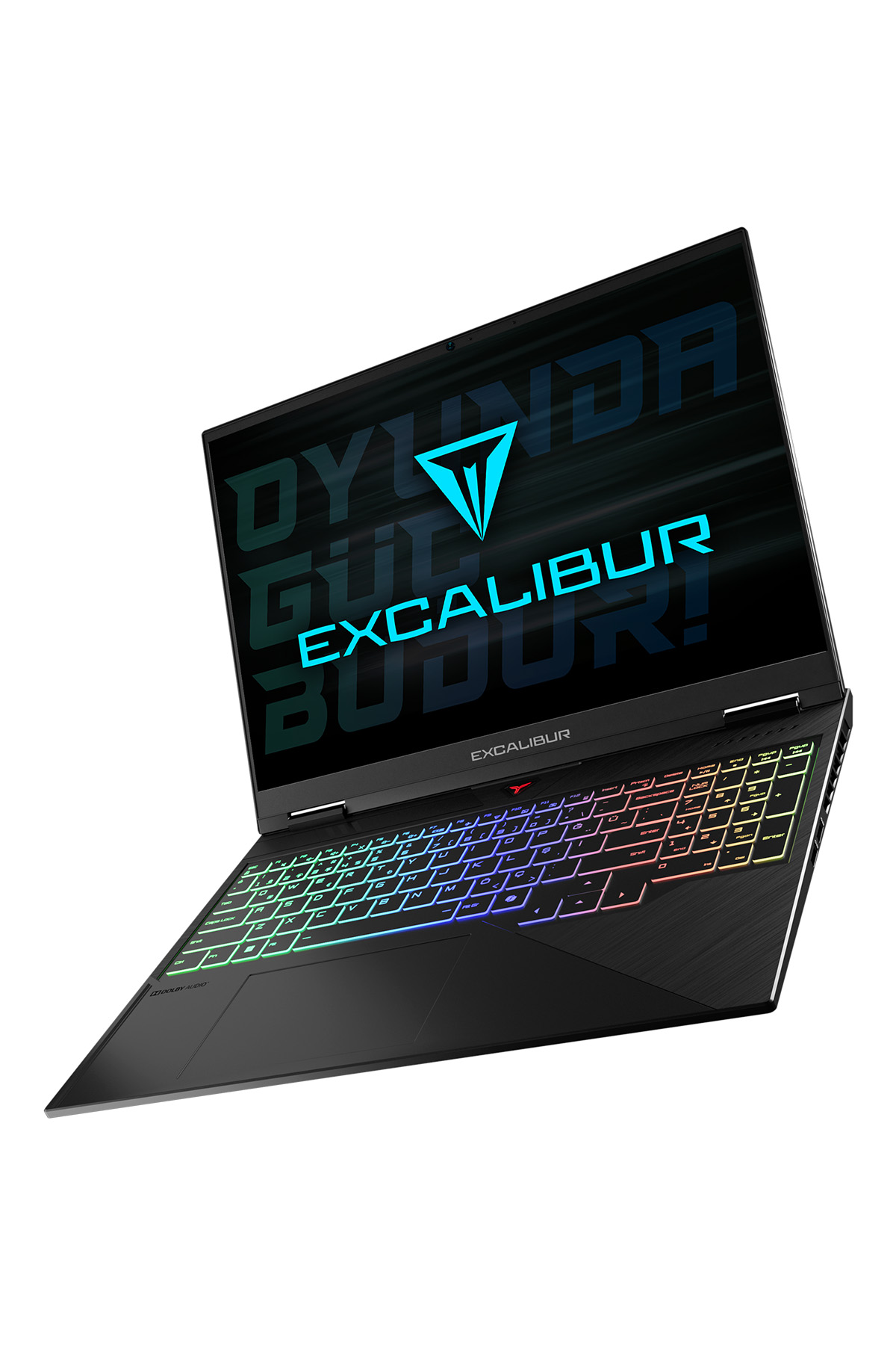 Siyah dizüstü, açık. Aydınlatmalı klavye. Ekrandaki Excalibur logosu. Açılı görünüm.