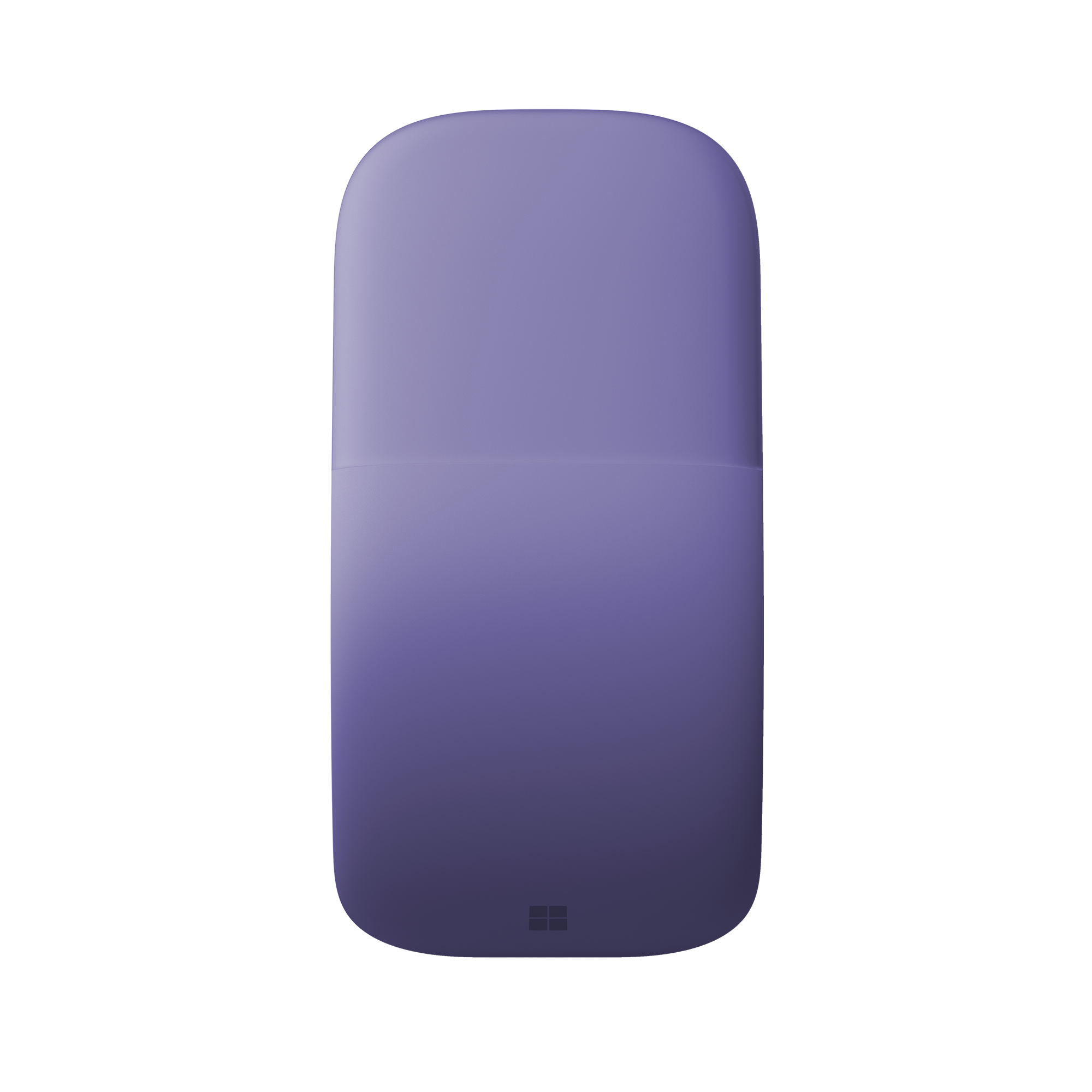 Un ratón Microsoft morado sobre un fondo negro. El logo de Microsoft está abajo.