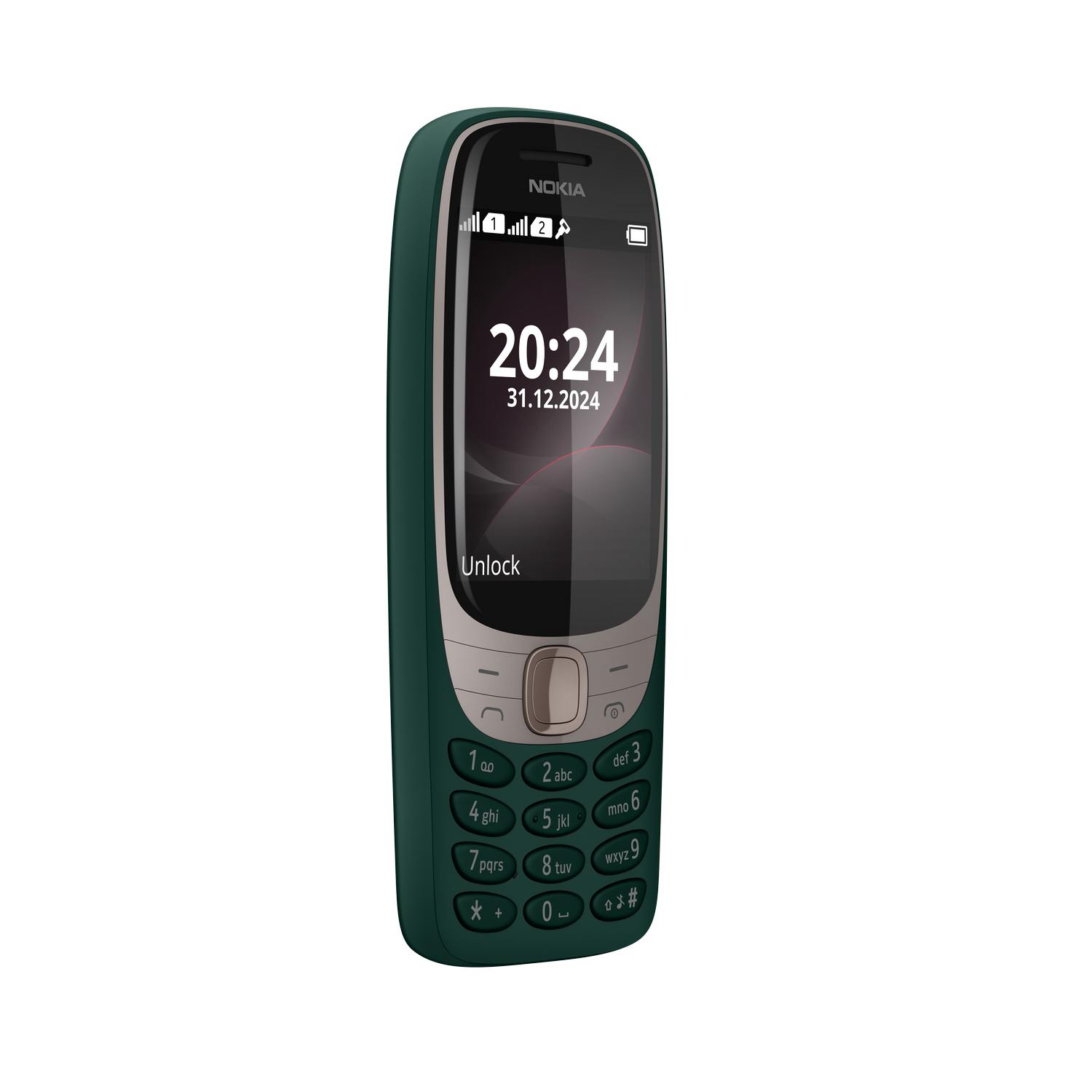 Teléfono verde mostrando la hora. Logo Nokia arriba. Texto desbloquear abajo. Teclas numéricas.