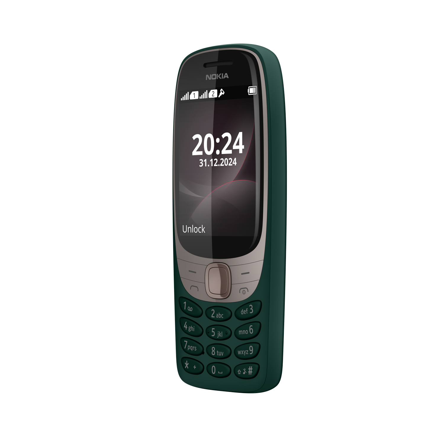 Teléfono verde mostrando la hora. Logo Nokia arriba. Texto desbloquear abajo. Teclas numéricas.