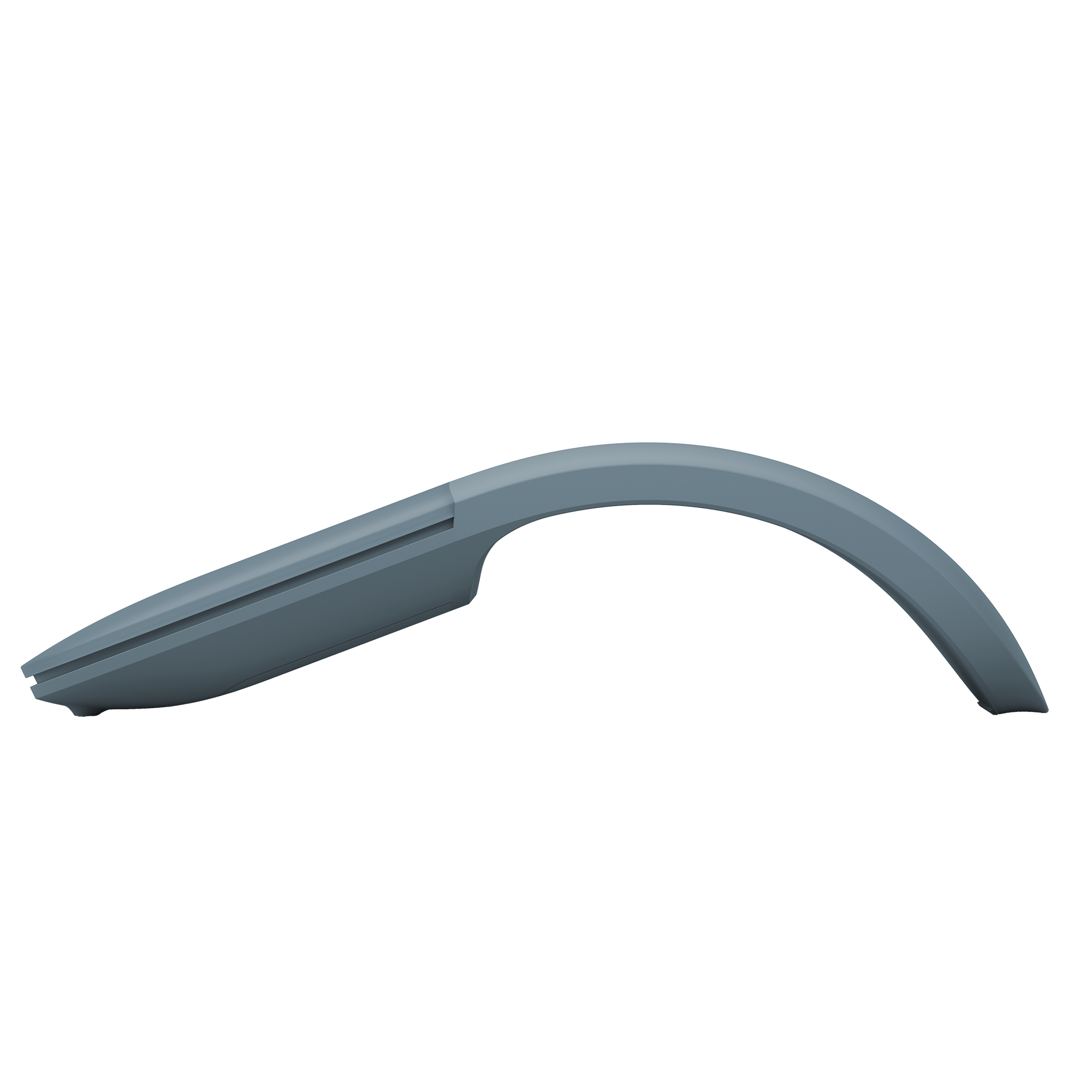 Un ratón Microsoft gris sobre fondo negro. El ratón está curvado.