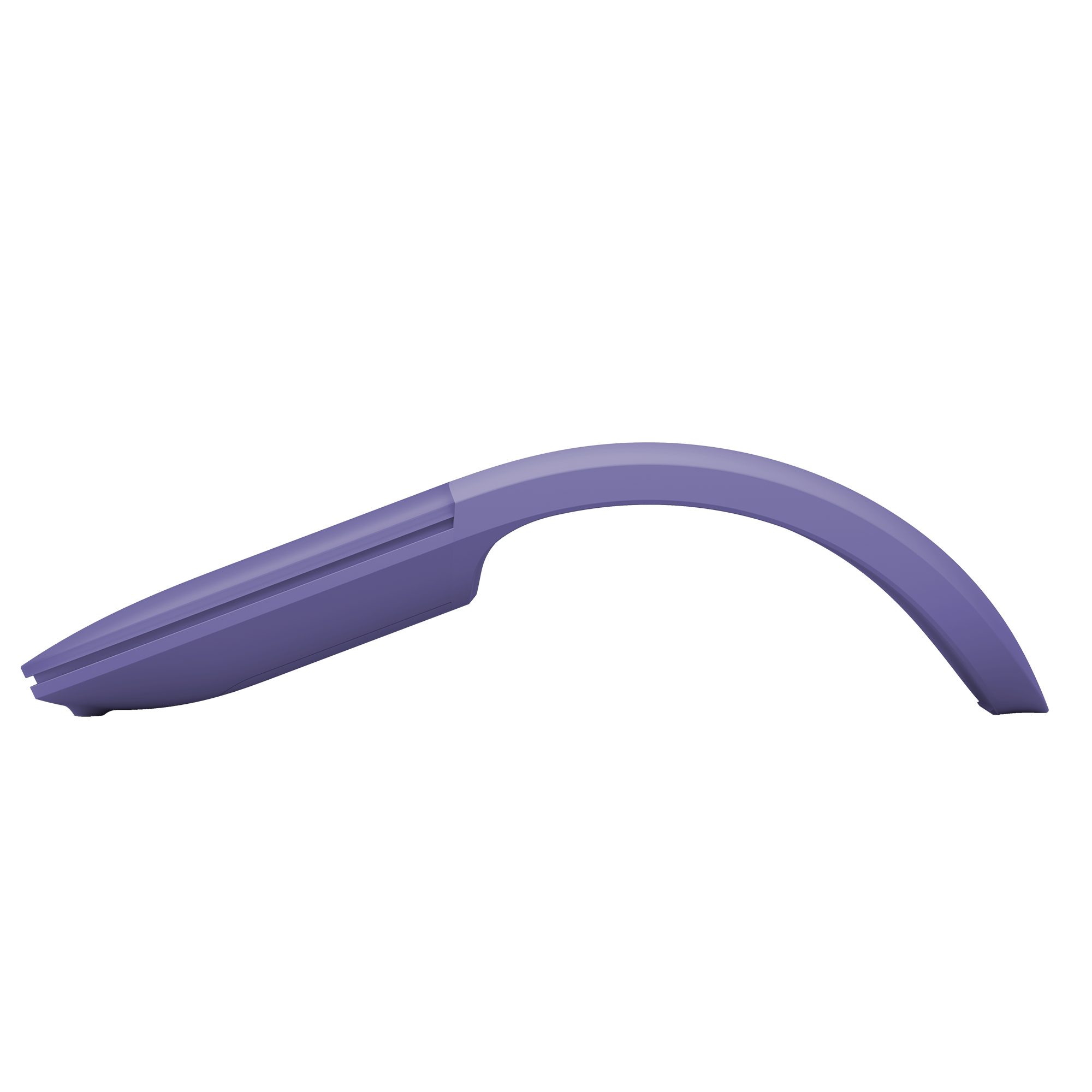 Ratón curvado color lavanda sobre fondo negro. Diseño elegante y aerodinámico.