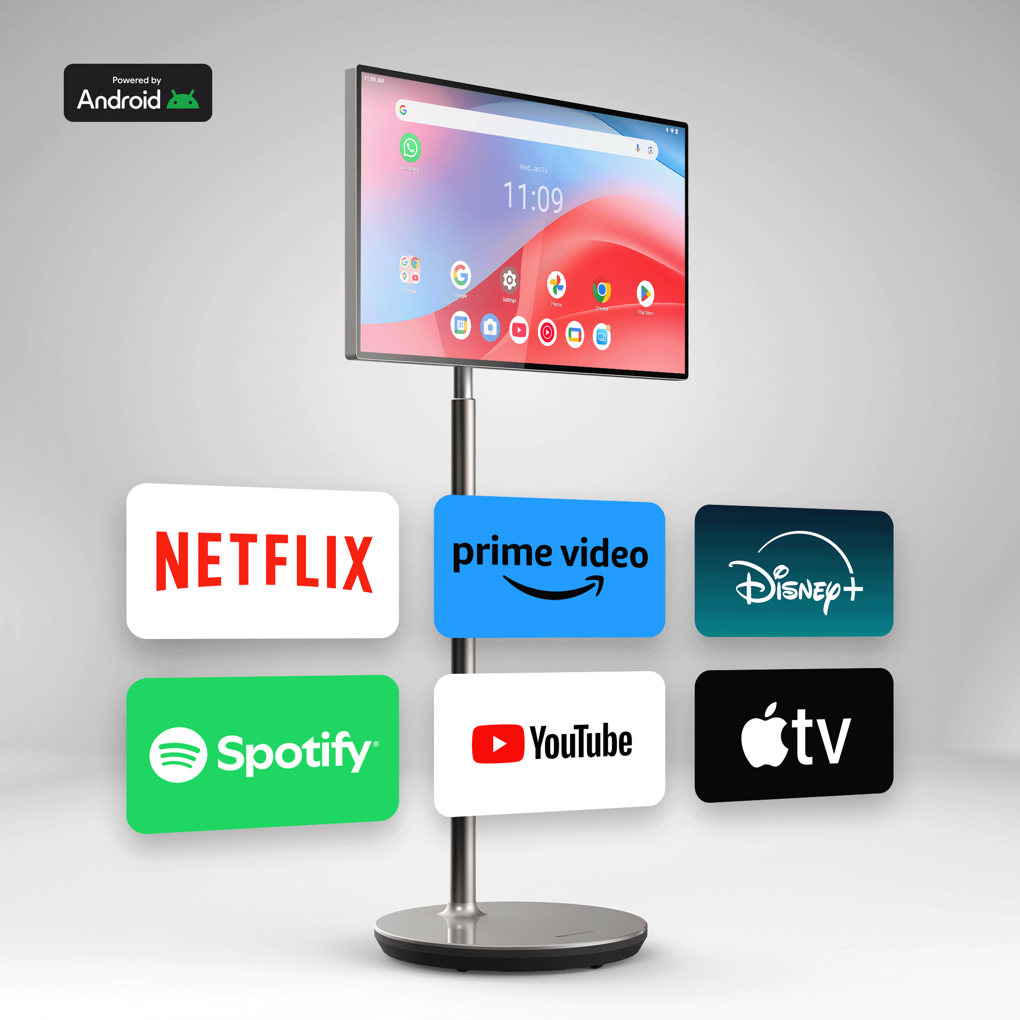 Akış hizmeti logoları olan bir stand üzerinde bir TV: Netflix, Prime Video, Disney+, Spotify, YouTube ve Apple TV.