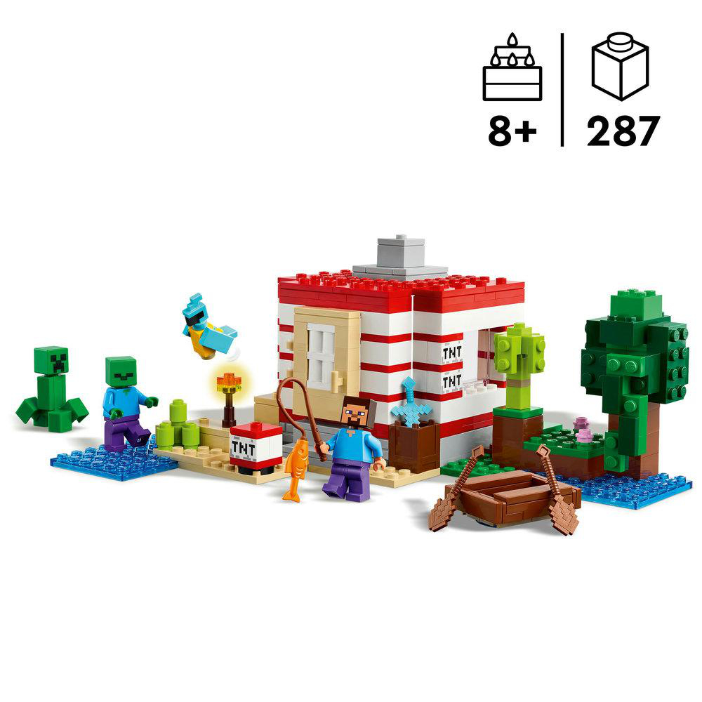 Lego Minecraft-Set mit Steve, Zombie, Creeper, Haus, Boot und verschiedenen Minecraft-Elementen.
