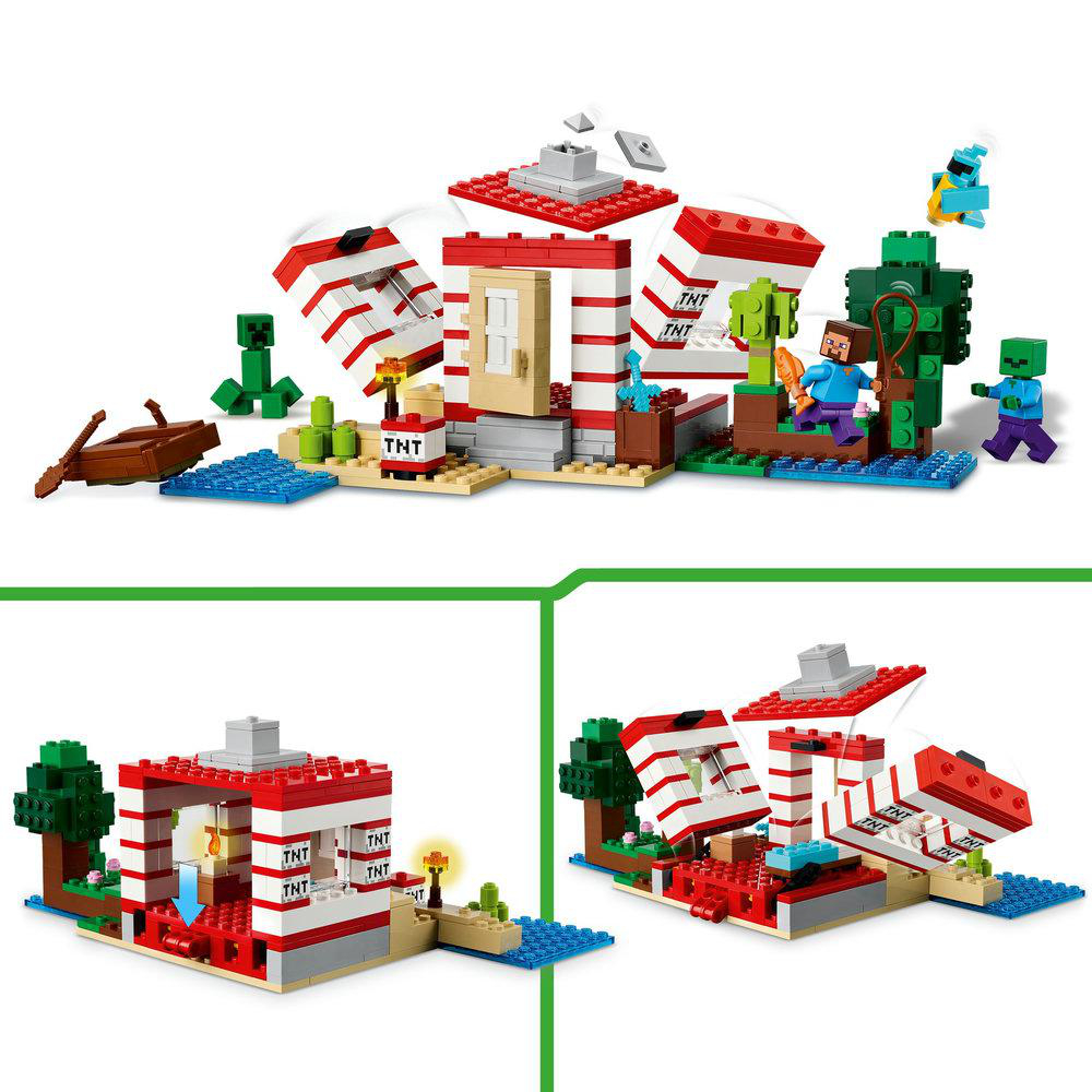 Mehrere Ansichten eines Lego Minecraft-Haussets, einschließlich Haus und Minecraft-Figuren.