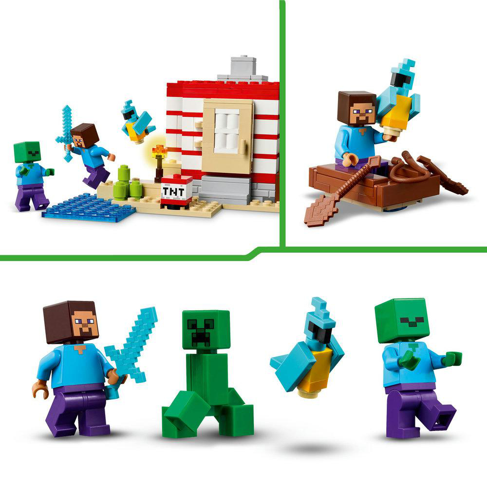 Nahaufnahme von Lego Minecraft-Figuren: Steve, Creeper, Zombie und andere, mit Hausstruktur.