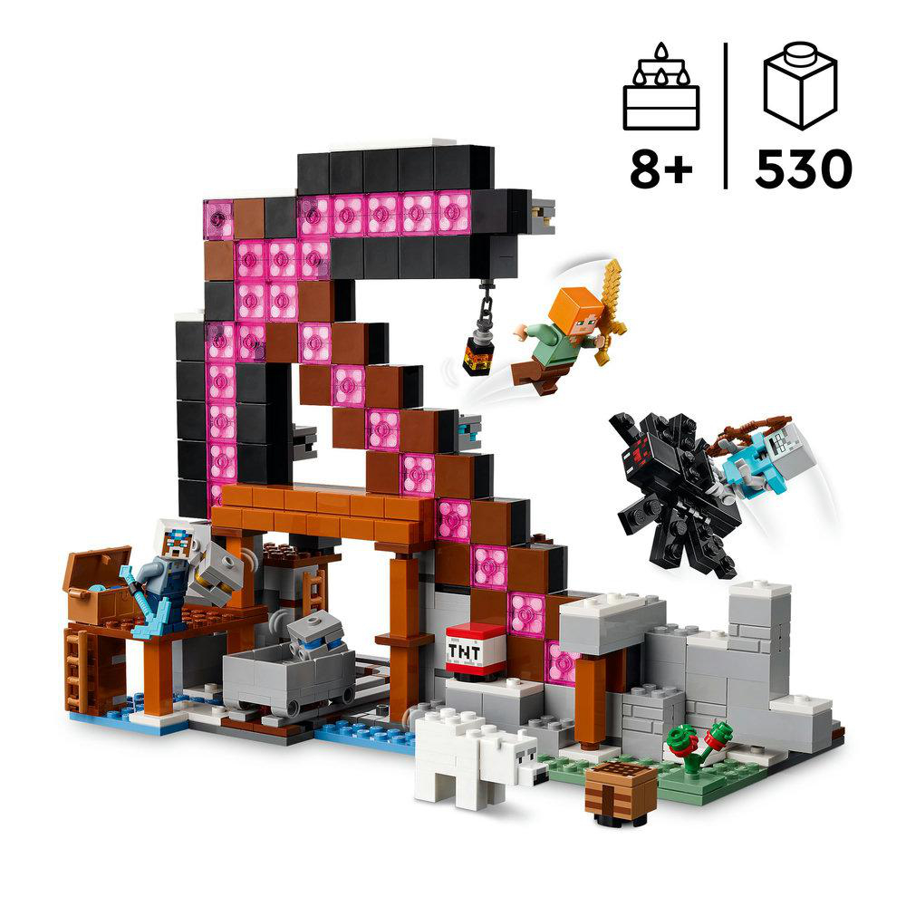 Minecraft Lego-Set mit Minenstruktur, Figuren und Explosionen.