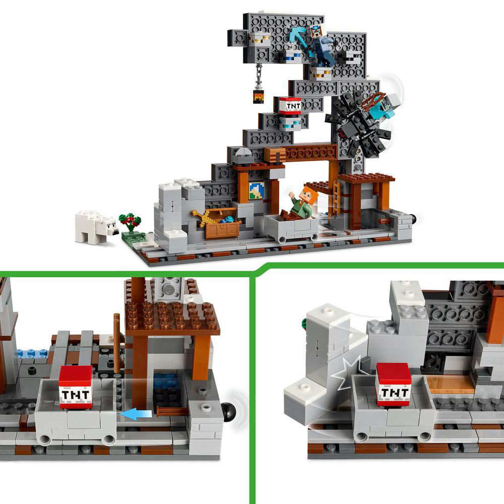 Minecraft Lego-Set mit Minenstruktur, Figuren und TNT-Explosionen.