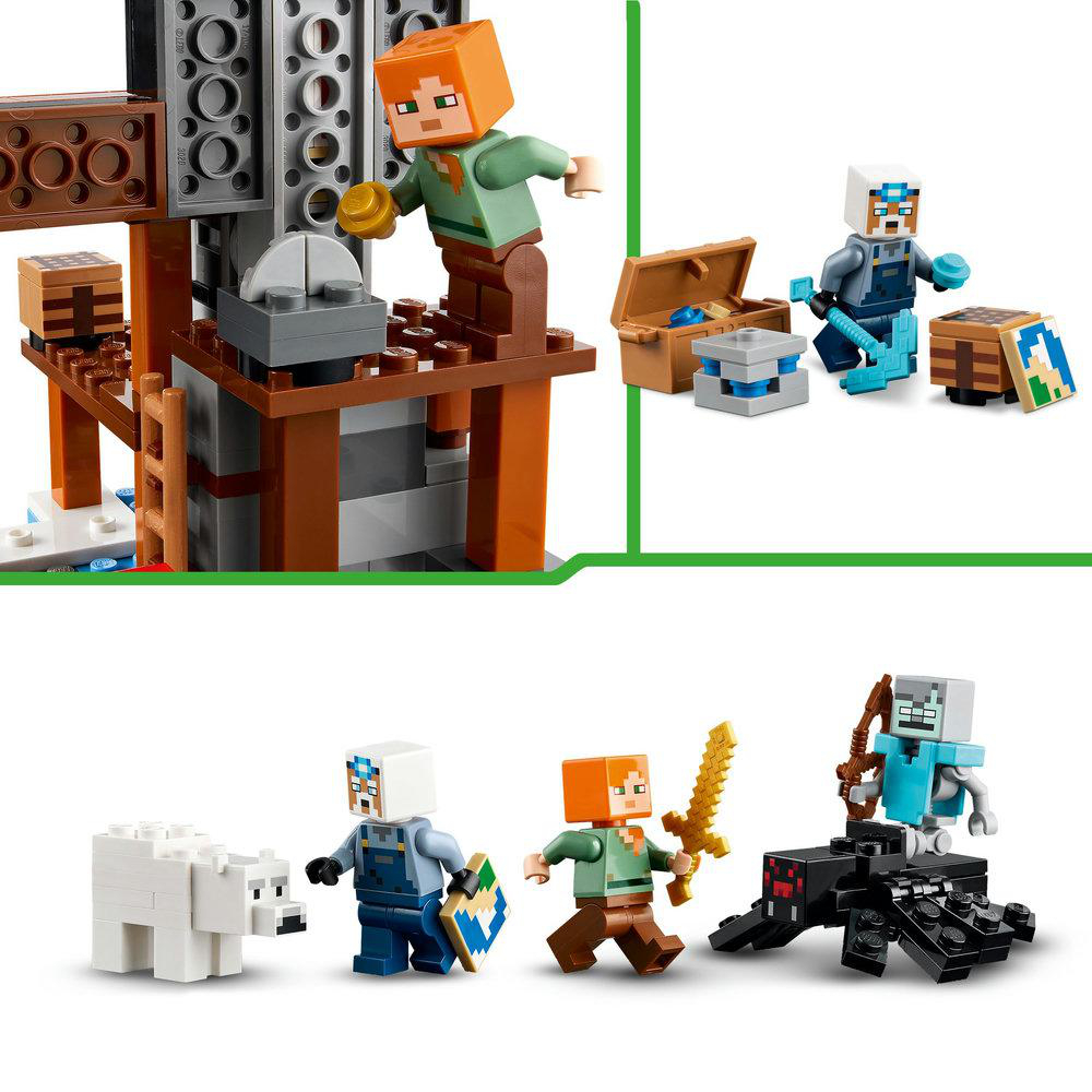 Minecraft Lego-Set mit Figuren, Minenstruktur und verschiedenen Zubehörteilen.