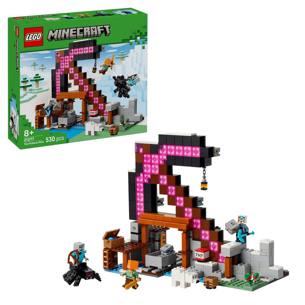 Lego Minecraft Set. Eine Minecraft-Minenszene mit einem rosa Portal, Figuren und TNT.