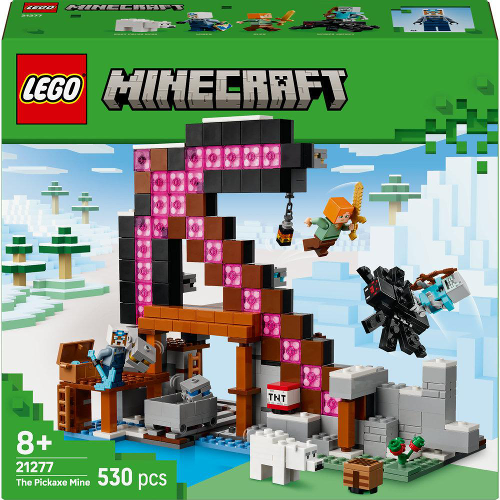 Eine Minecraft Lego-Set-Box mit Minenstruktur, Charakteren und Logo.