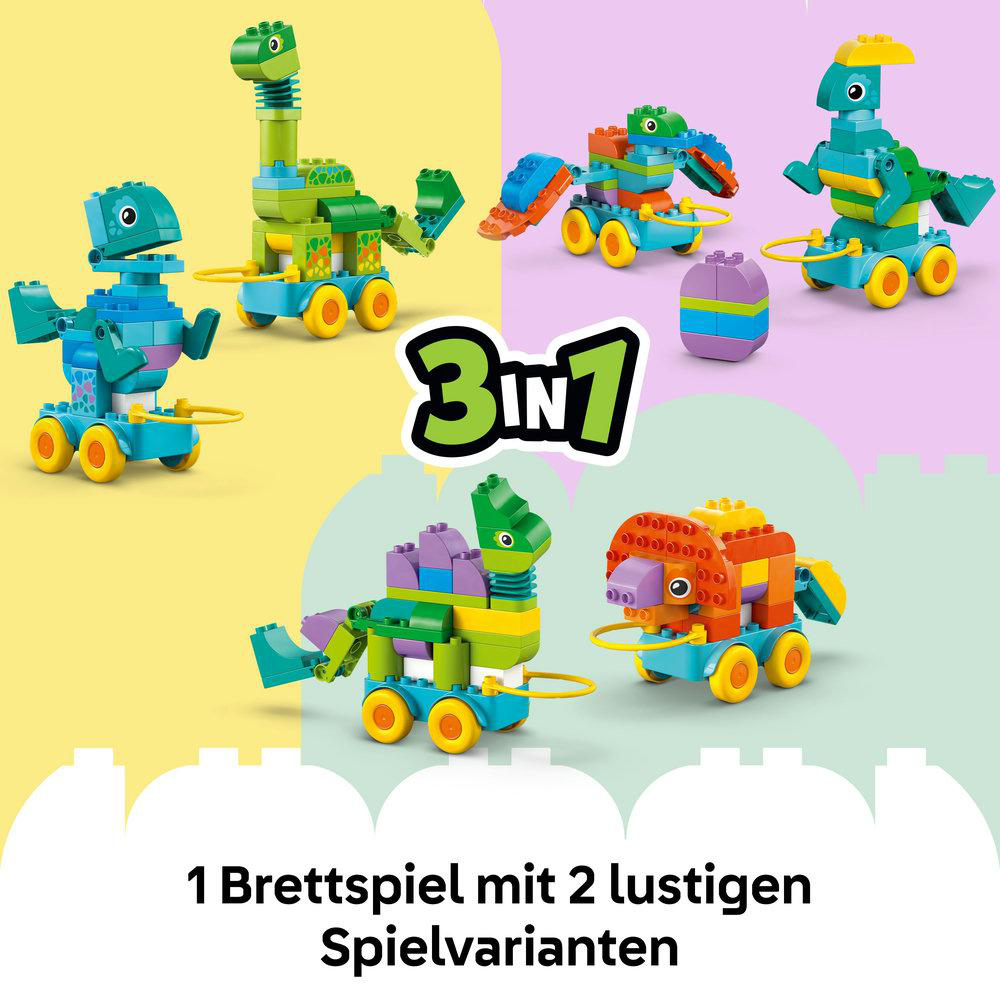 Sechs Lego Duplo Dinosaurier-Spielzeuge in verschiedenen Farben und Designs.