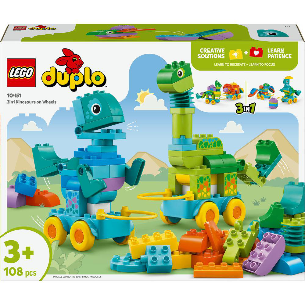 Eine Lego Duplo Box mit Dinosaurierspielzeug, zwei gebaute Dinosaurier und lose Blöcke, auf weißem Hintergrund.