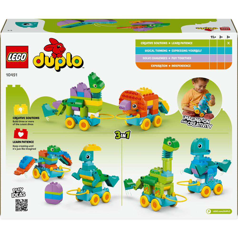 Die Rückseite einer Lego Duplo Box mit verschiedenen Dinosaurier-Spielzeugbauten und Anweisungen.