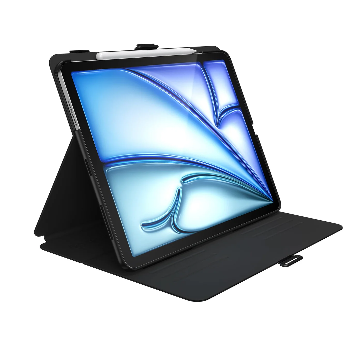 Egy fekete tablettok tablet-tel és stylusszal, fehér felületen.