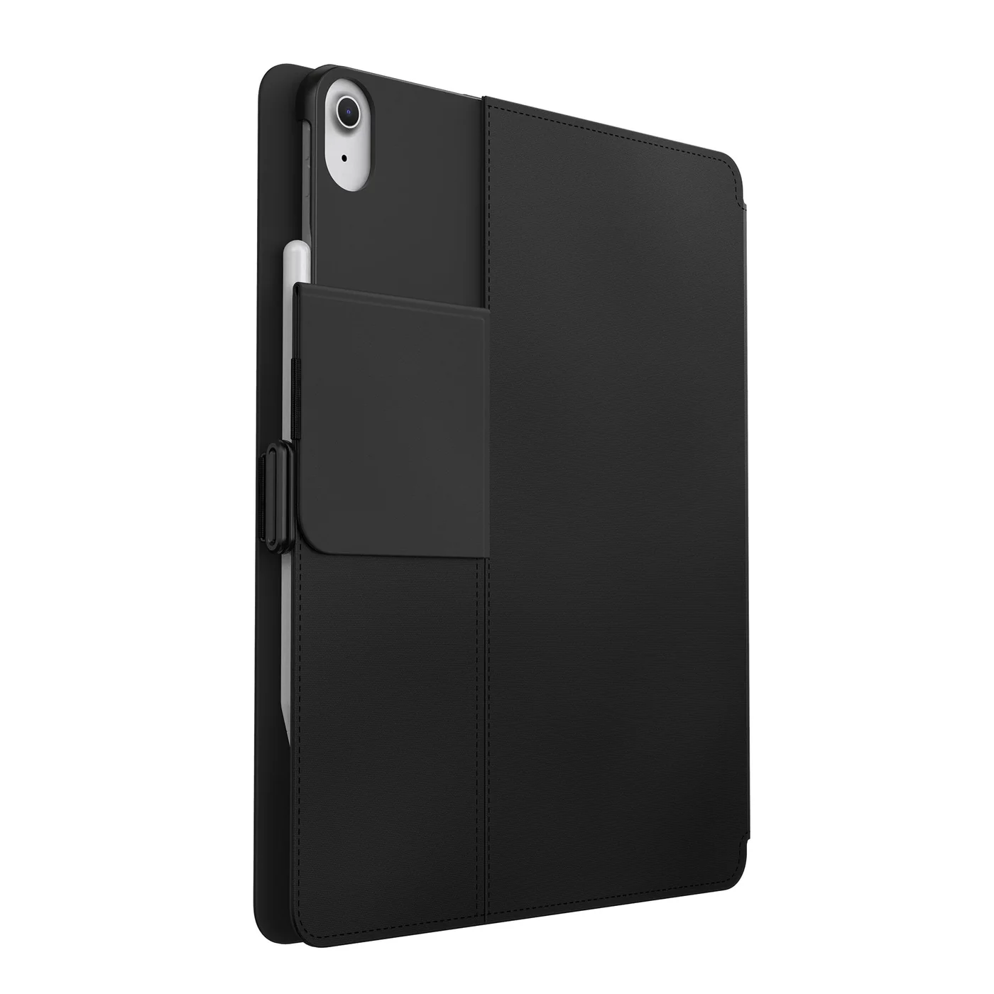 Egy fekete tablettok, benne egy tablettel és stylusszal, oldalról nézve.