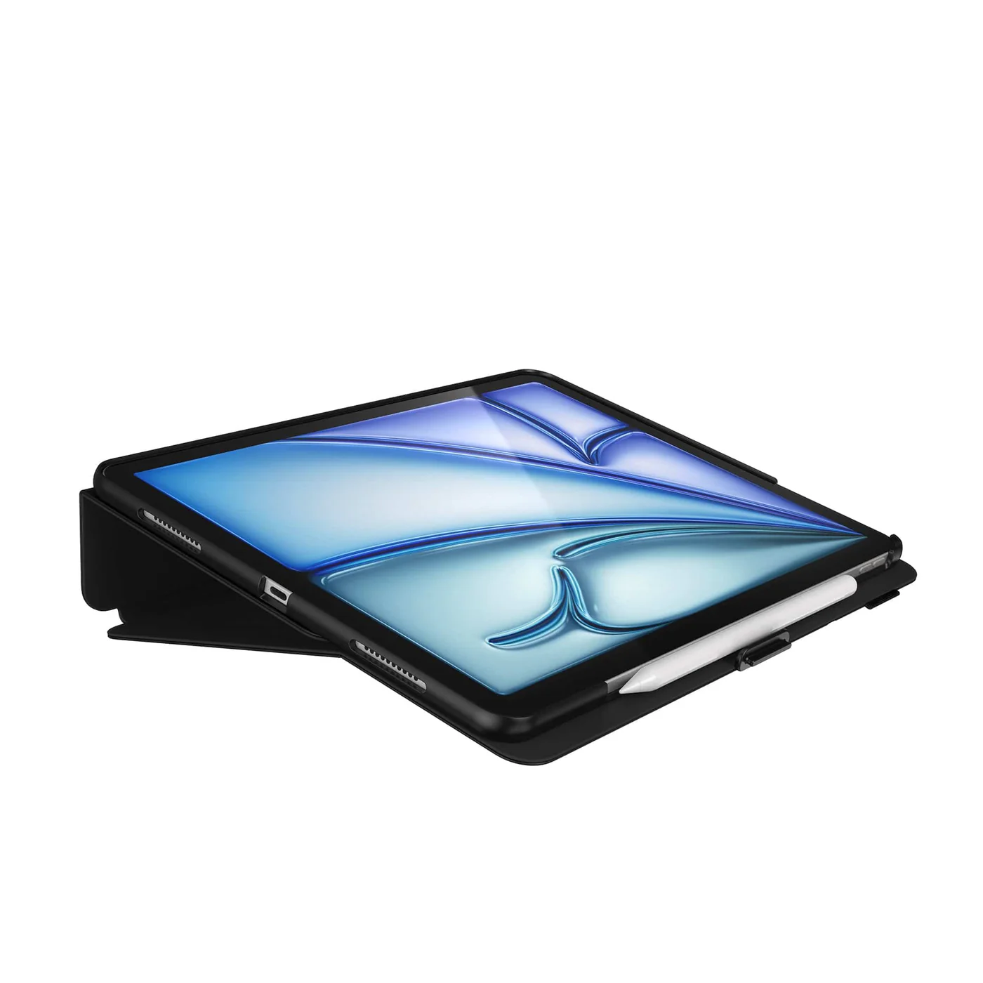 Fekete tokos tablet, felállítva, kék-fehér designnal. Fehér háttér.