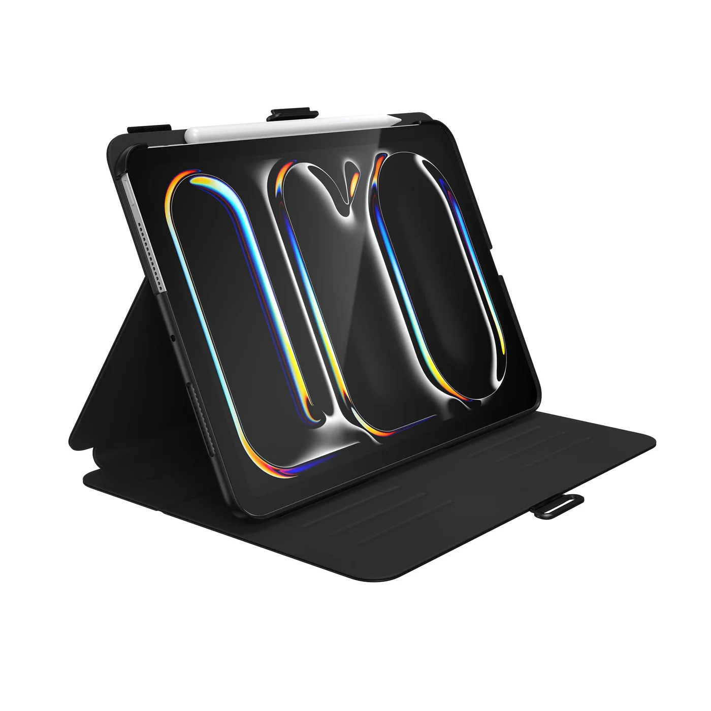 Fekete tokos tablet, felnyitva, színes képernyővel. Fekete háttér.