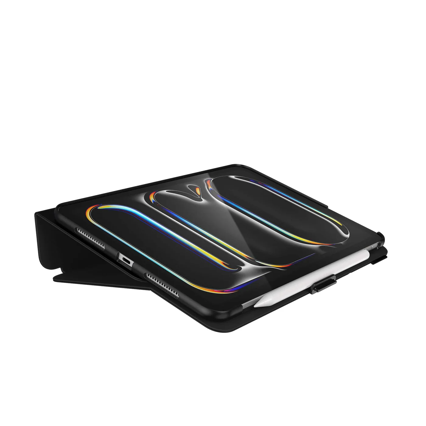 Fekete tokos tablet, felnyitva, színes képernyővel, fehér háttér.