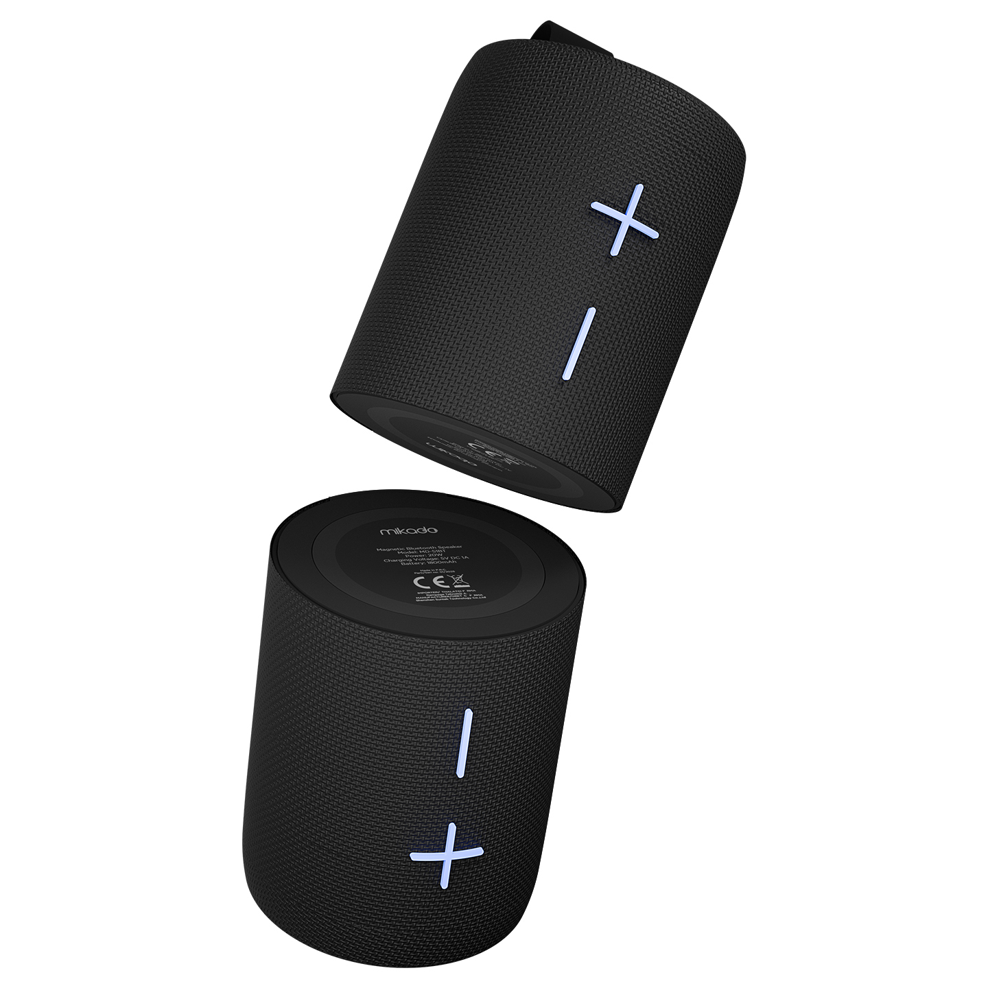 İki siyah silindirik bluetooth hoparlör, biri diğerinin üzerinde. Her ikisi de beyaz artı ve eksi sembollerine sahip.