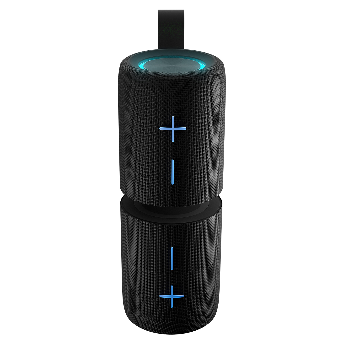 İki siyah silindirik bluetooth hoparlör. Biri diğerinin üzerine yığılmış. Artı ve eksi sembolleri var.