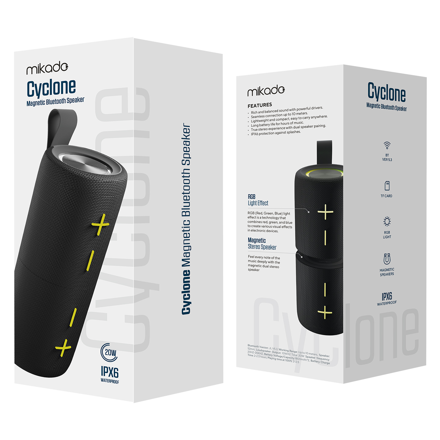 Kutularda iki siyah bluetooth hoparlör. Sarı artı/eksi işaretleri var. Kutularda Cyclone ve Bluetooth Hoparlör yazıyor.