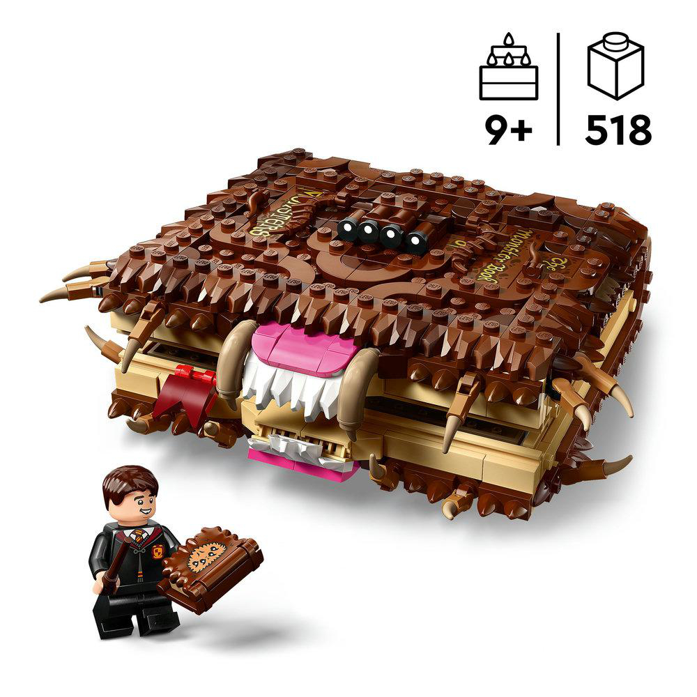 Ein Lego-Set eines Monsterbuches. Es hat Zähne, Krallen und eine Figur einer Person.